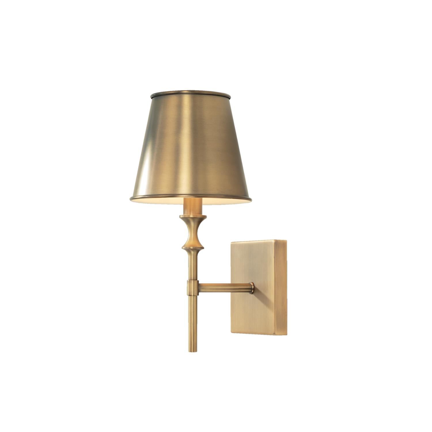 Shown in Aged Brass finish and Aged Brass Metal Stay-Straight  with White Interior shade