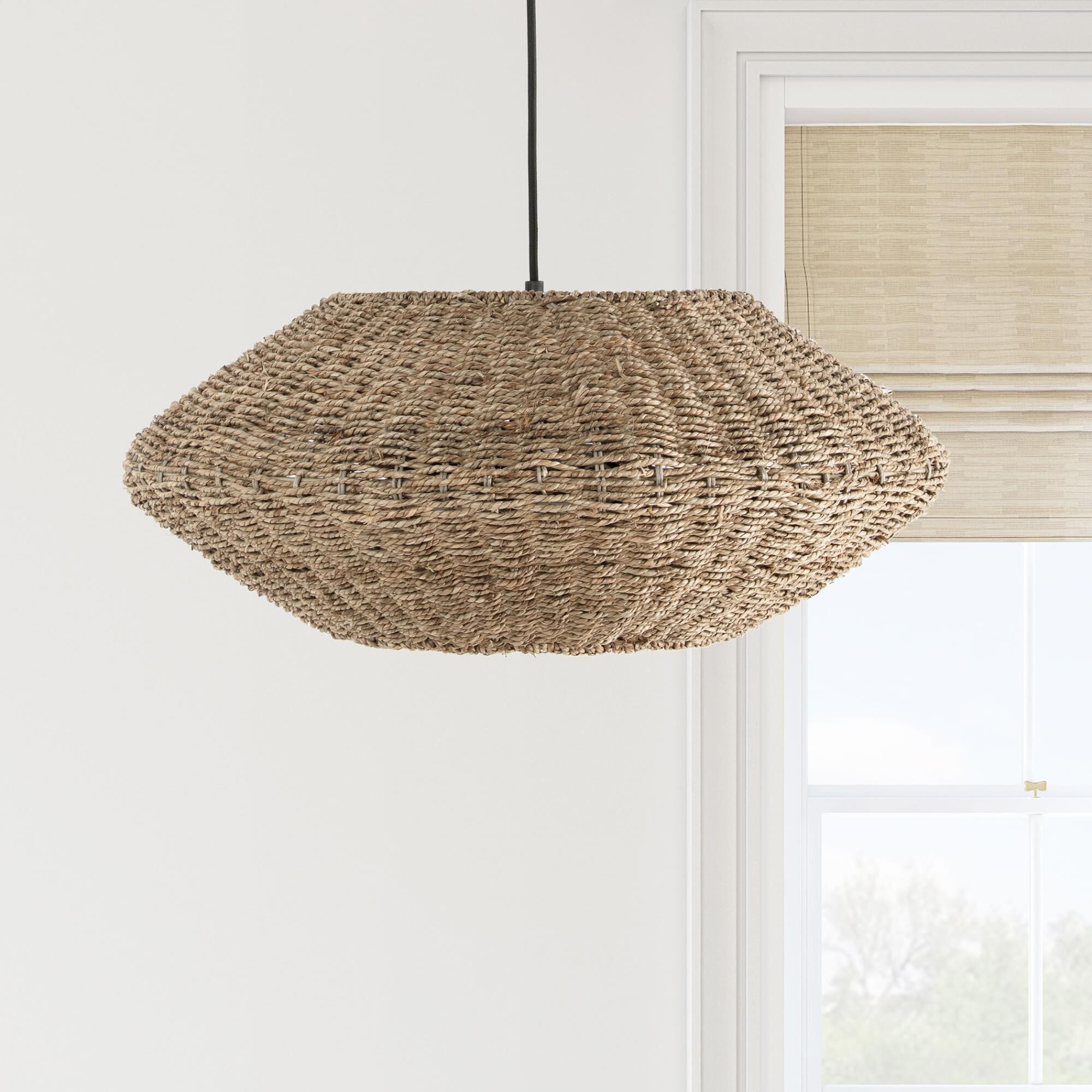Shown in Natural and Matte Black finish and Natural Seagrass Tapered Drum shade