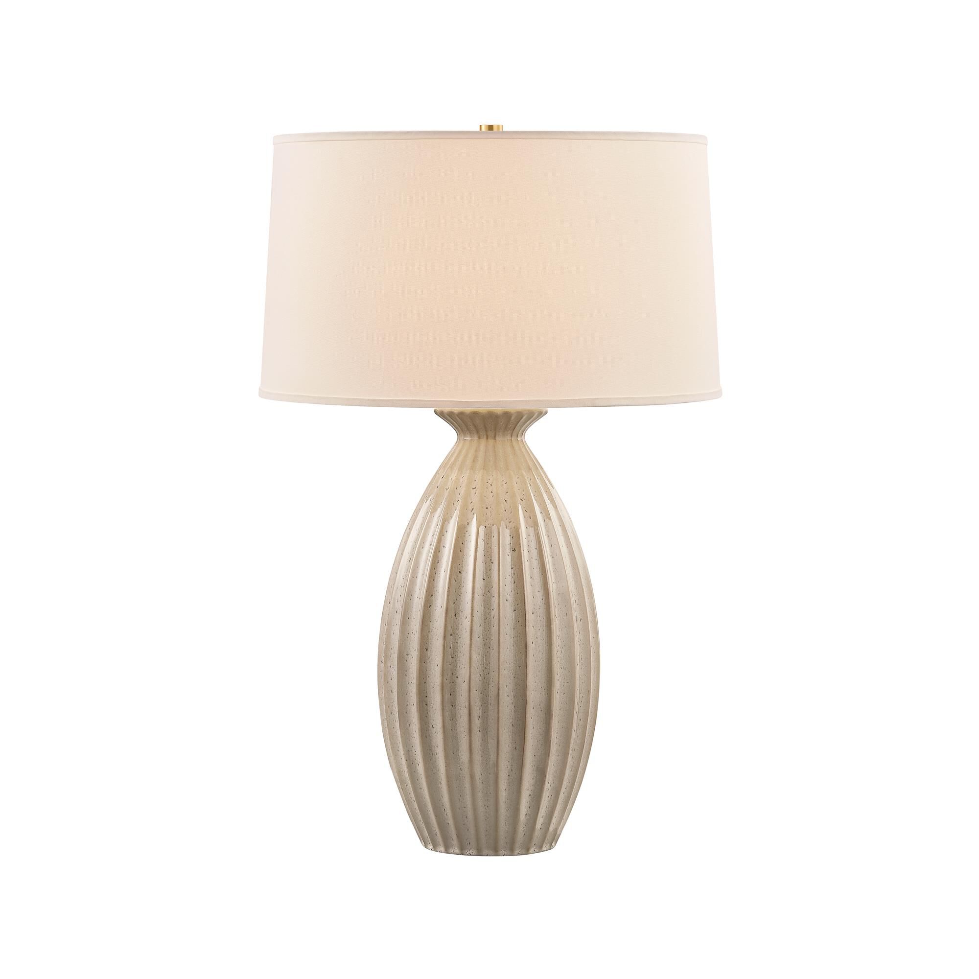 Shown in Aged Brass and Ceramic Taupe Velvet finish and White Linen shade