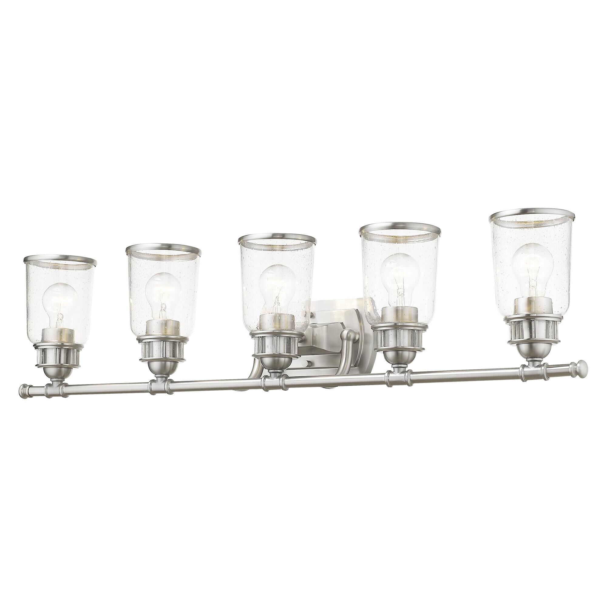 Shown in Brushed Nickel finish and Hand Blown Clear Seeded glass