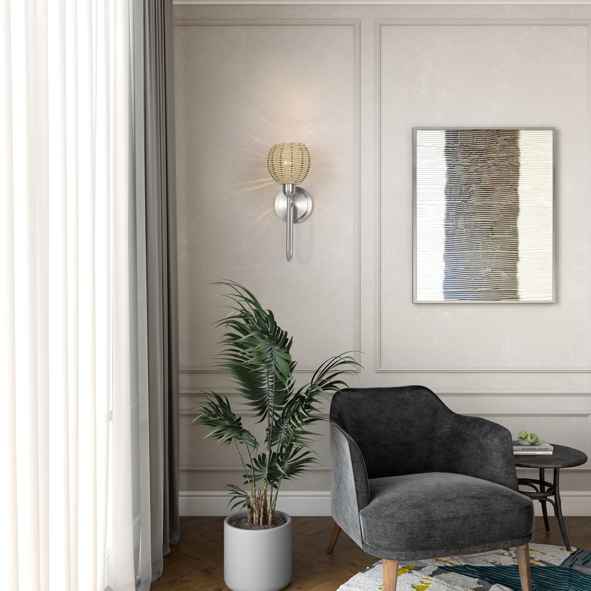 Shown in Brushed Nickel finish and Hand-Woven French Beige Paper Rope shade