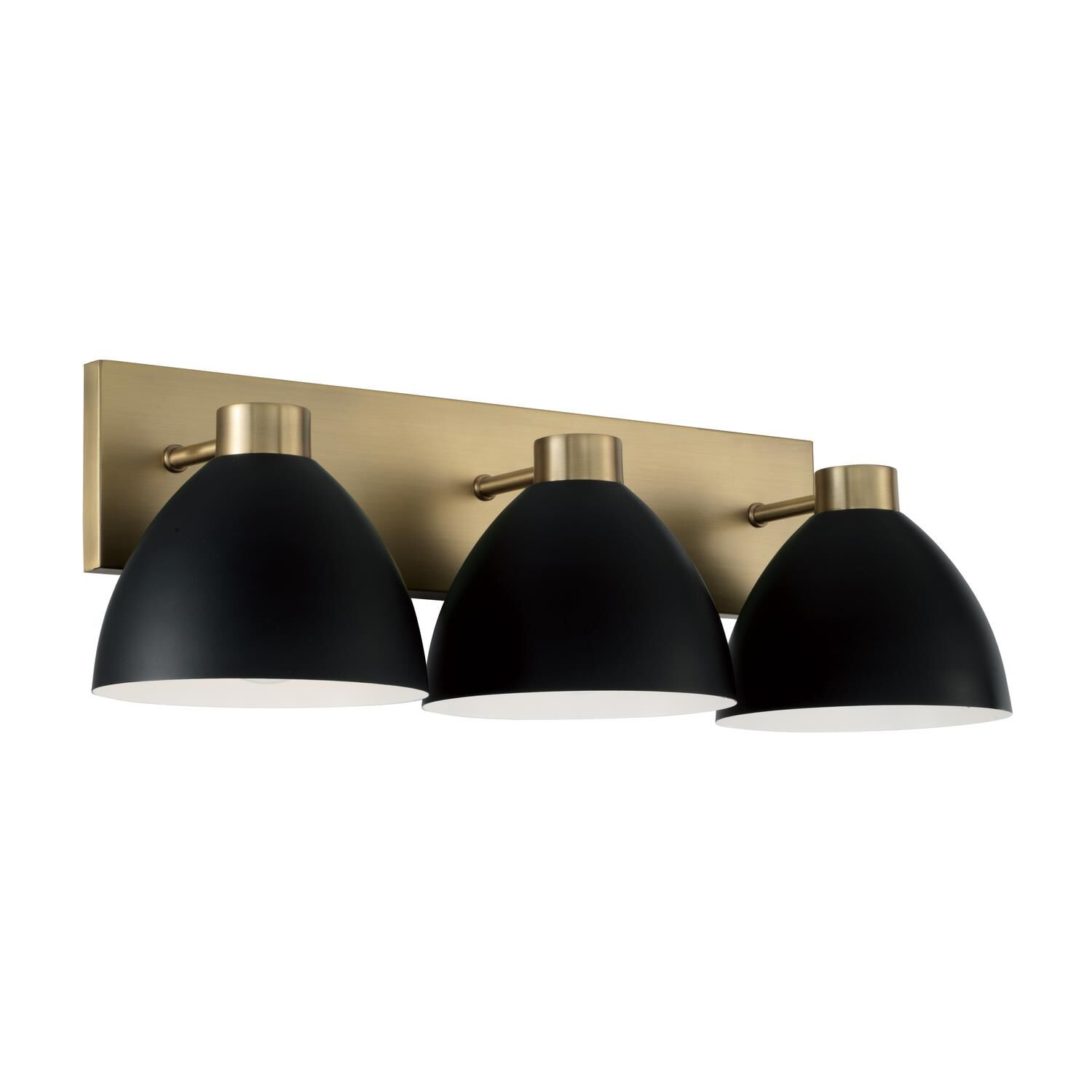 Shown in Aged Brass And Black finish and Matte Black Metal  With White Interior shade