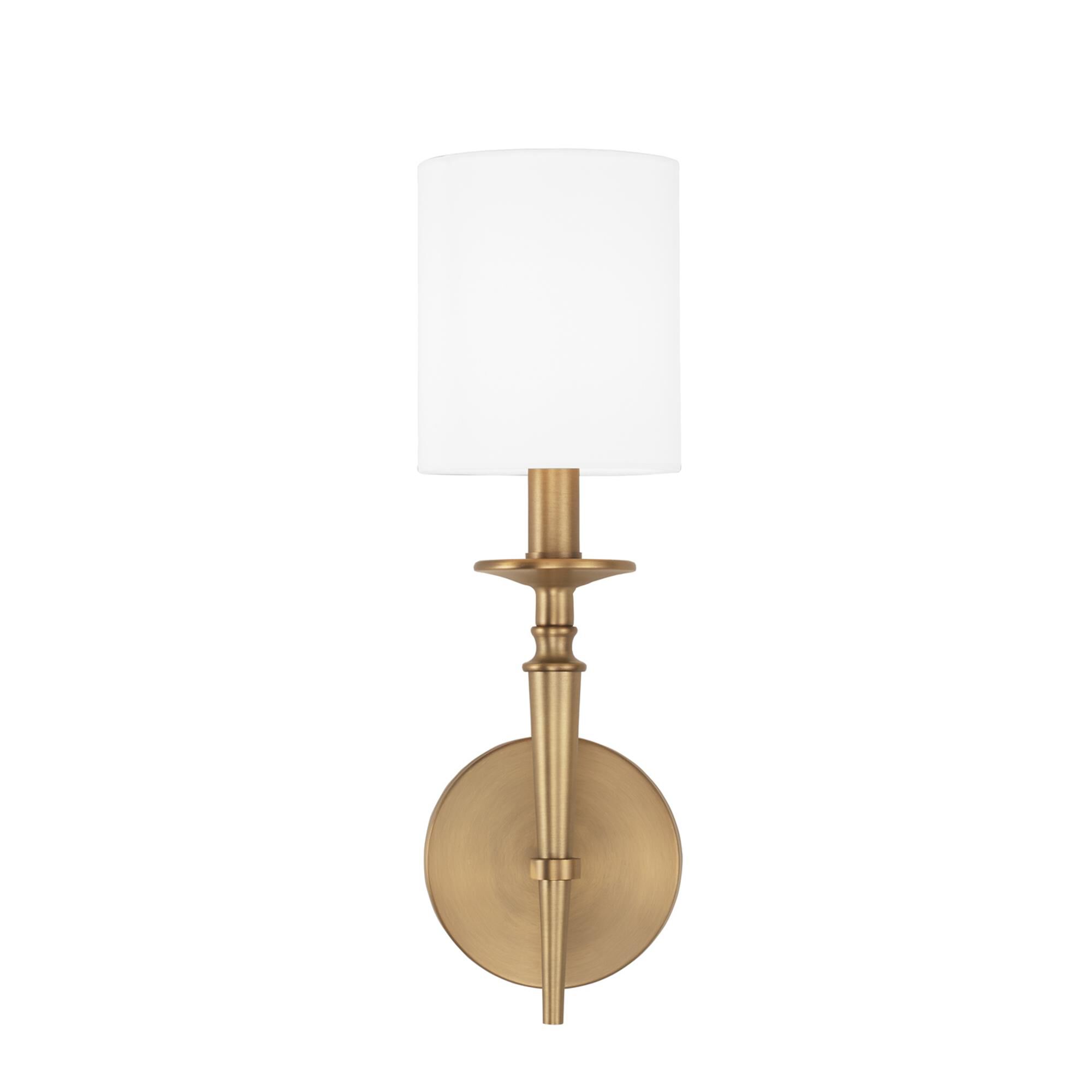 Shown in Aged Brass finish and 701 glass and White Fabric Stay-Straight shade