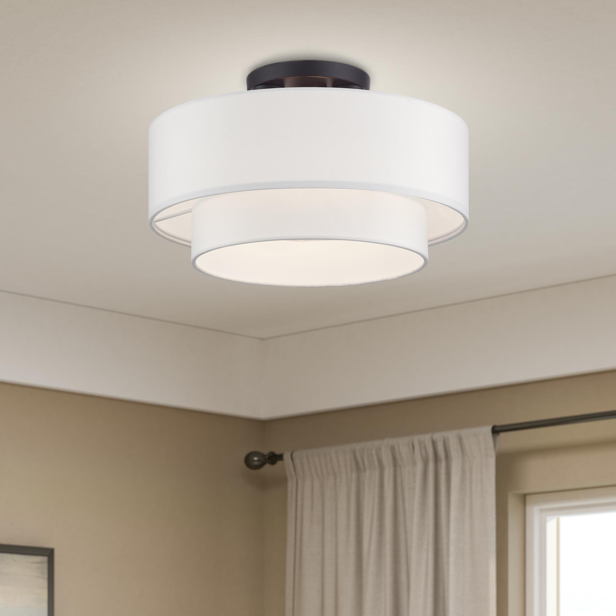 Shown in Bronze finish and Hand Crafted Off-White Fabric Hardbacks with White Fabric Inside shade