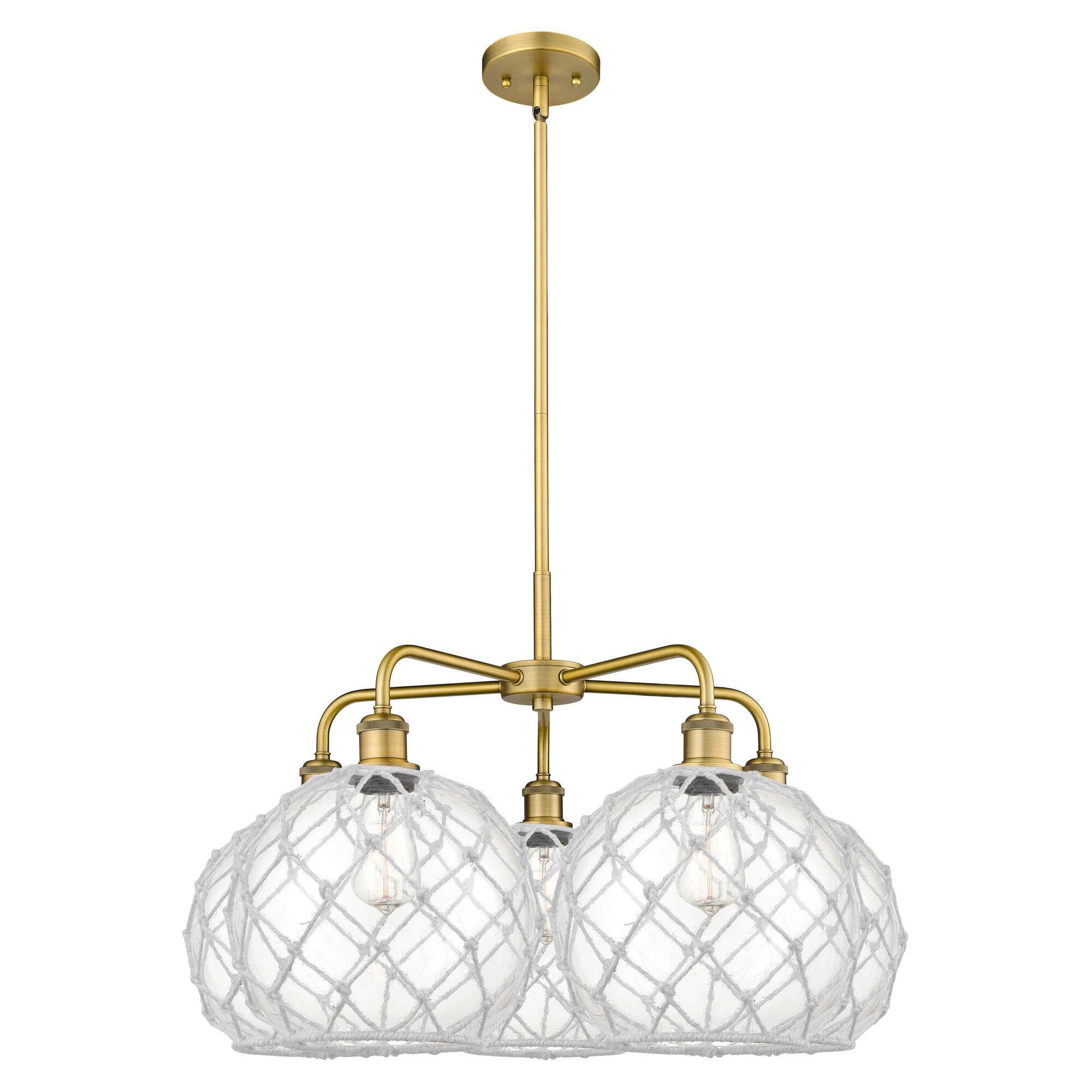 Shown in Brushed Brass finish and Clear with White Rope glass