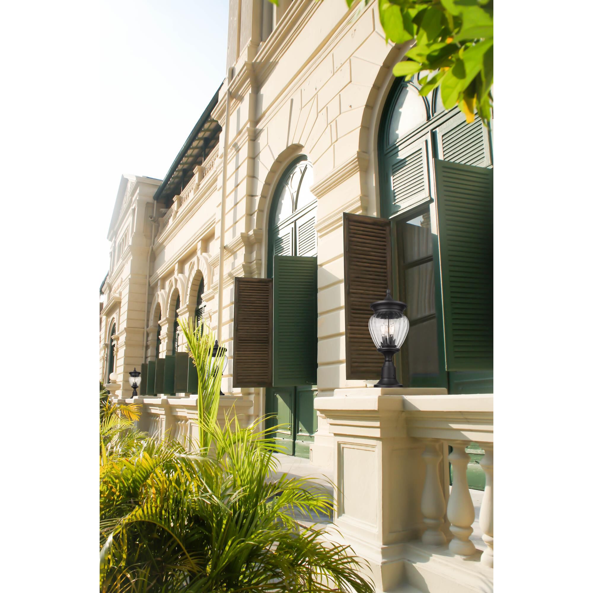 Shown in Black finish and Clear Ribbed glass and Clear Ribbed shade