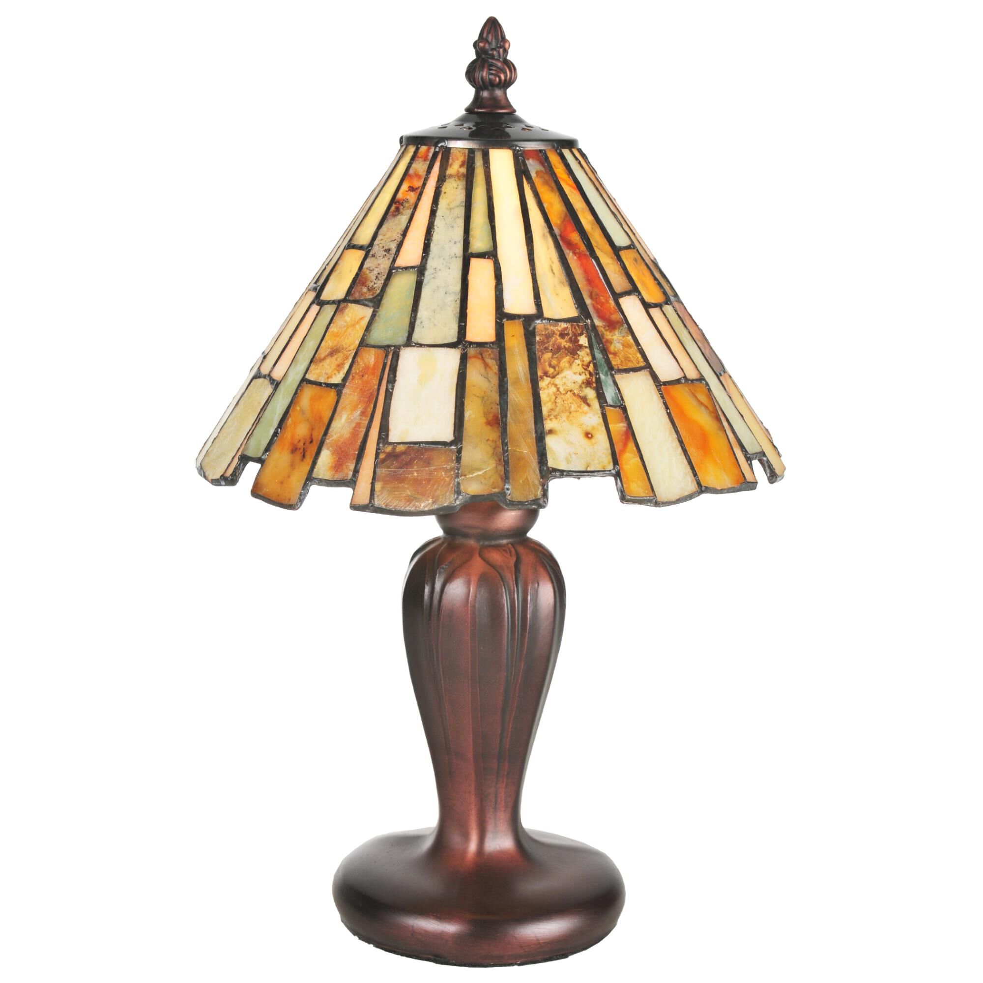 Shown in Mahogany Bronze finish and Moss Green-Tan-Ivory-Coral glass
