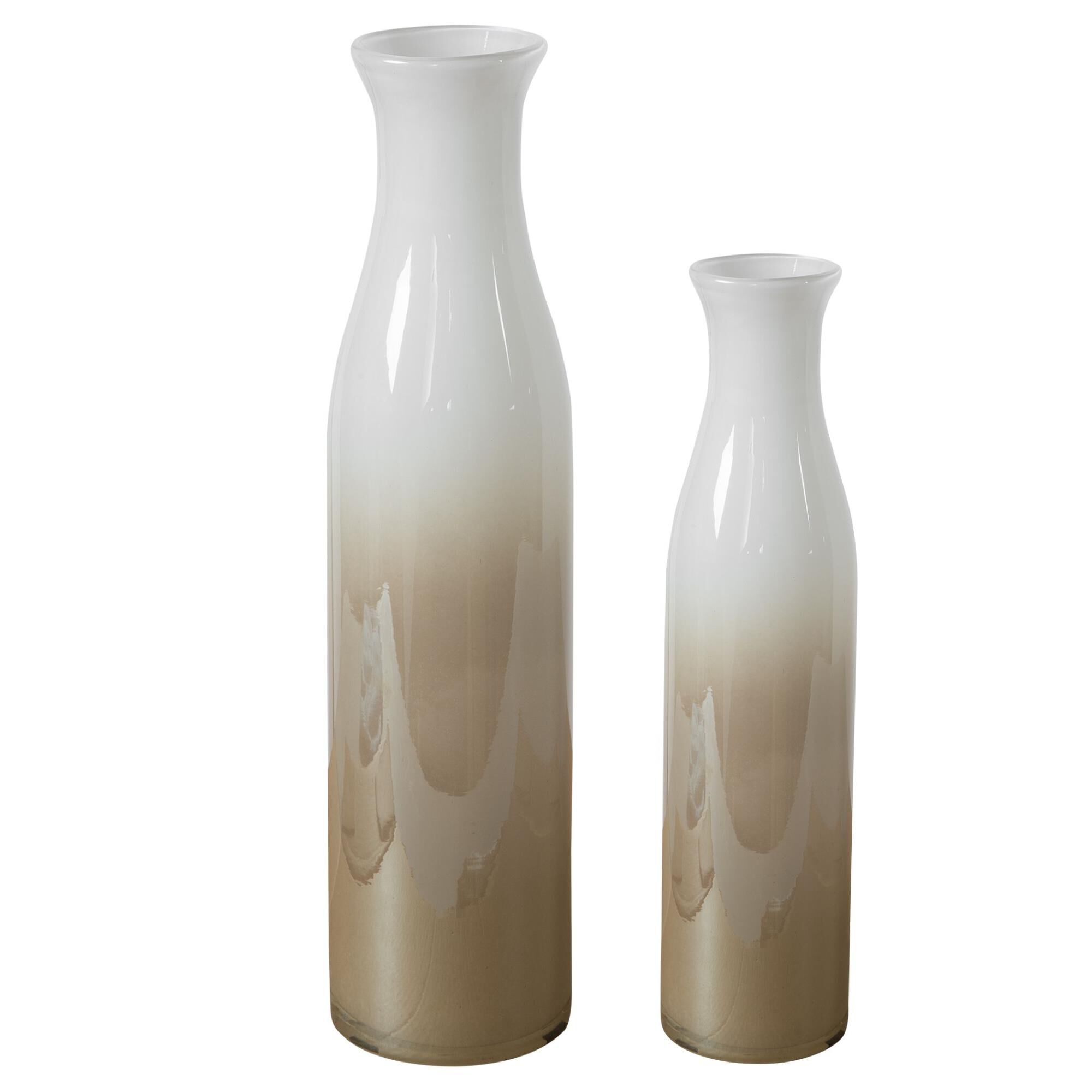 Shown in This Set Of Two Glass Vases Showcase An Elegant Fluted Design In A Glossy Ombre Ivory And Beige Fini finish
