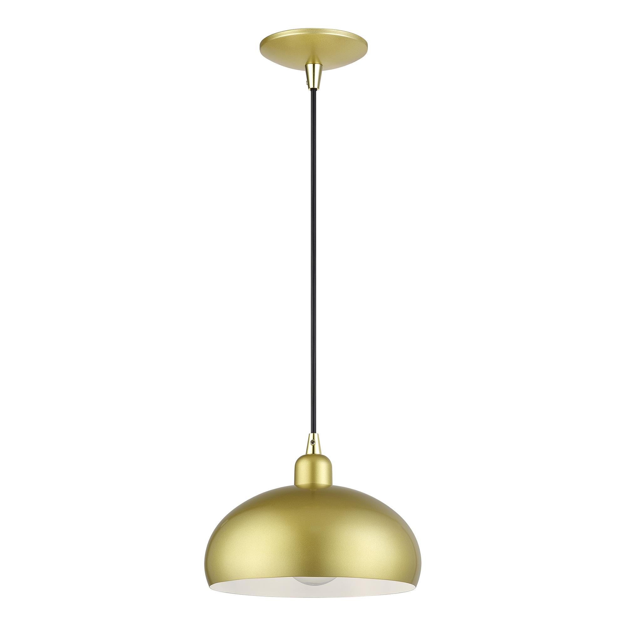 Shown in Soft Gold with Polished Brass Accents finish and Soft Gold Steel with Shiny White Inside shade