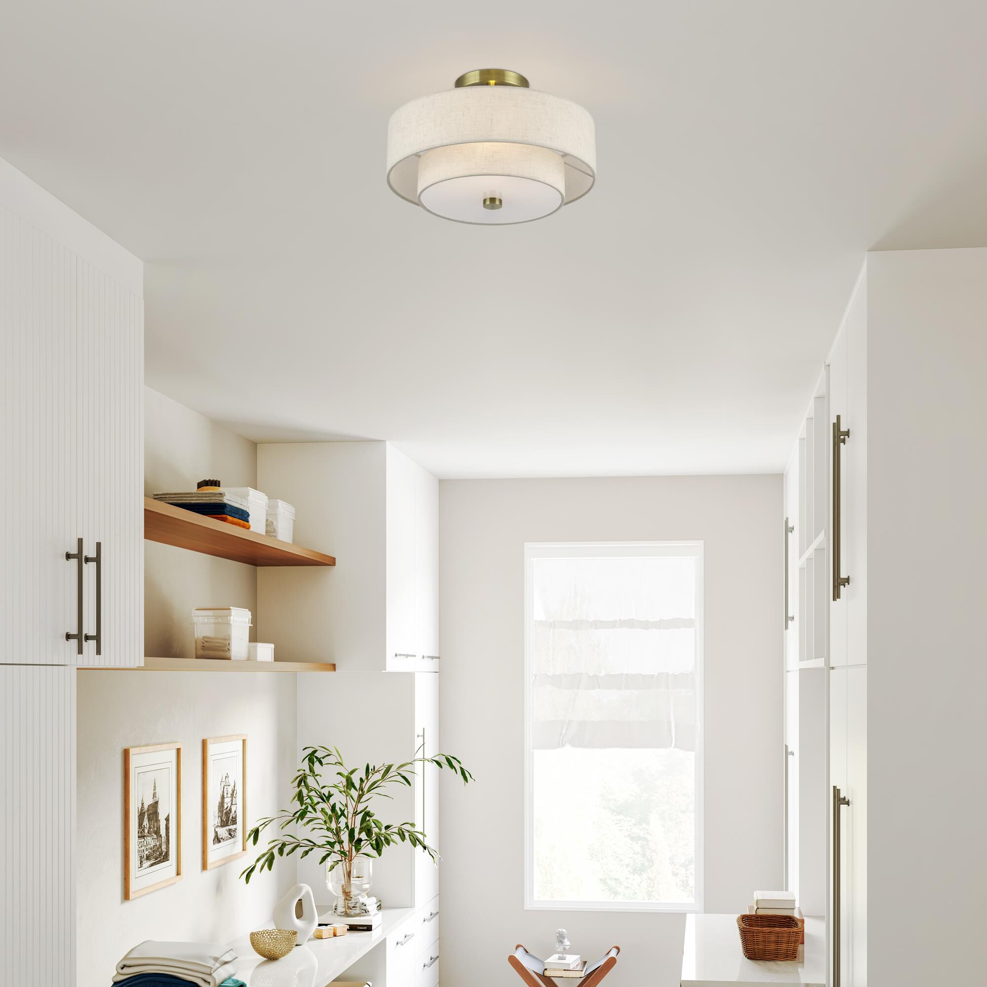 Shown in Antique Brass finish and Hand Crafted Oatmeal Color Fabric with White Color Inside shade