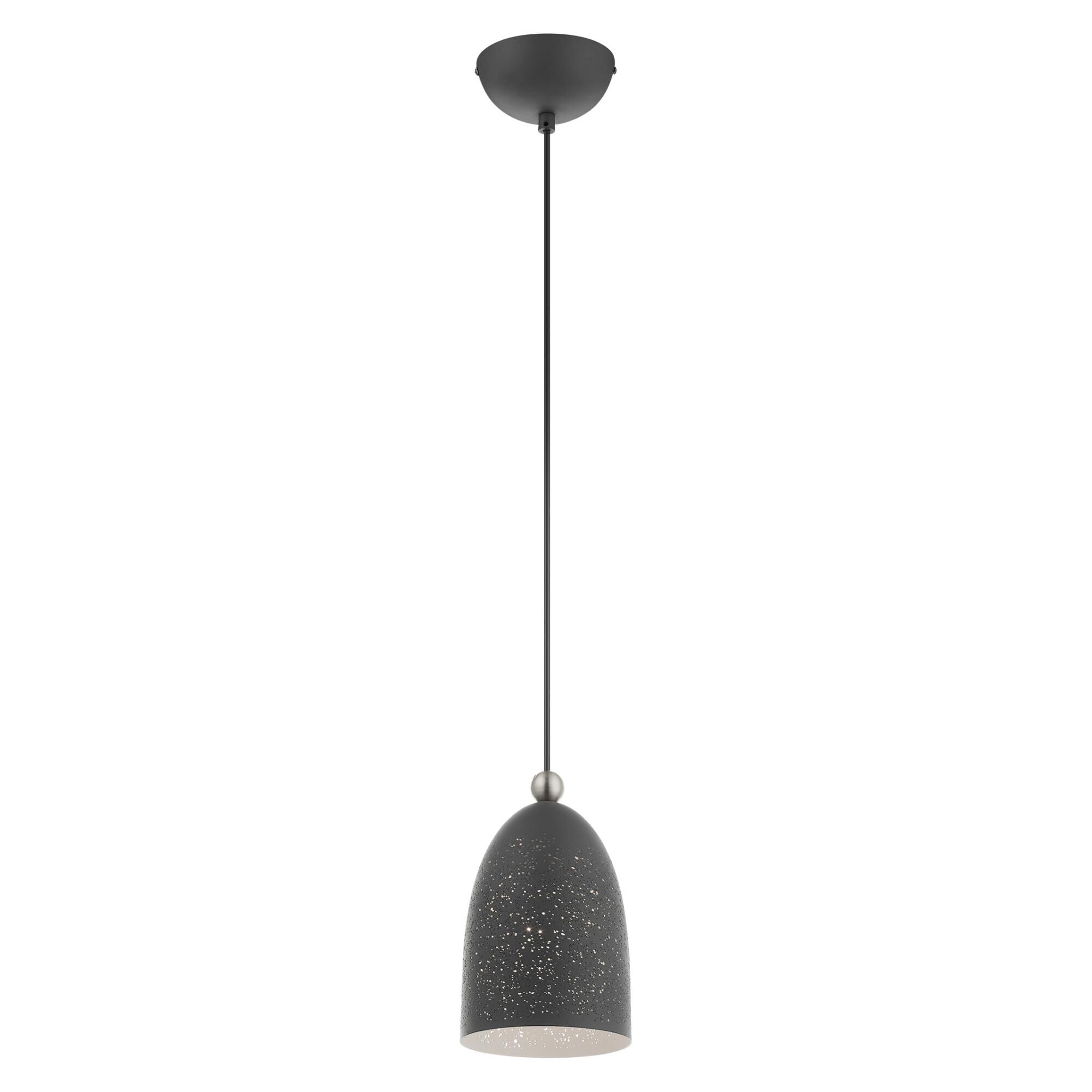 Shown in Scandinavian Gray With Brushed Nickel Accents finish and Scandinavian Gray Ornamental Metal Shade With White Finish Inside glass and Scandinavian Gray Ornamental Metal  With White Finish Inside shade