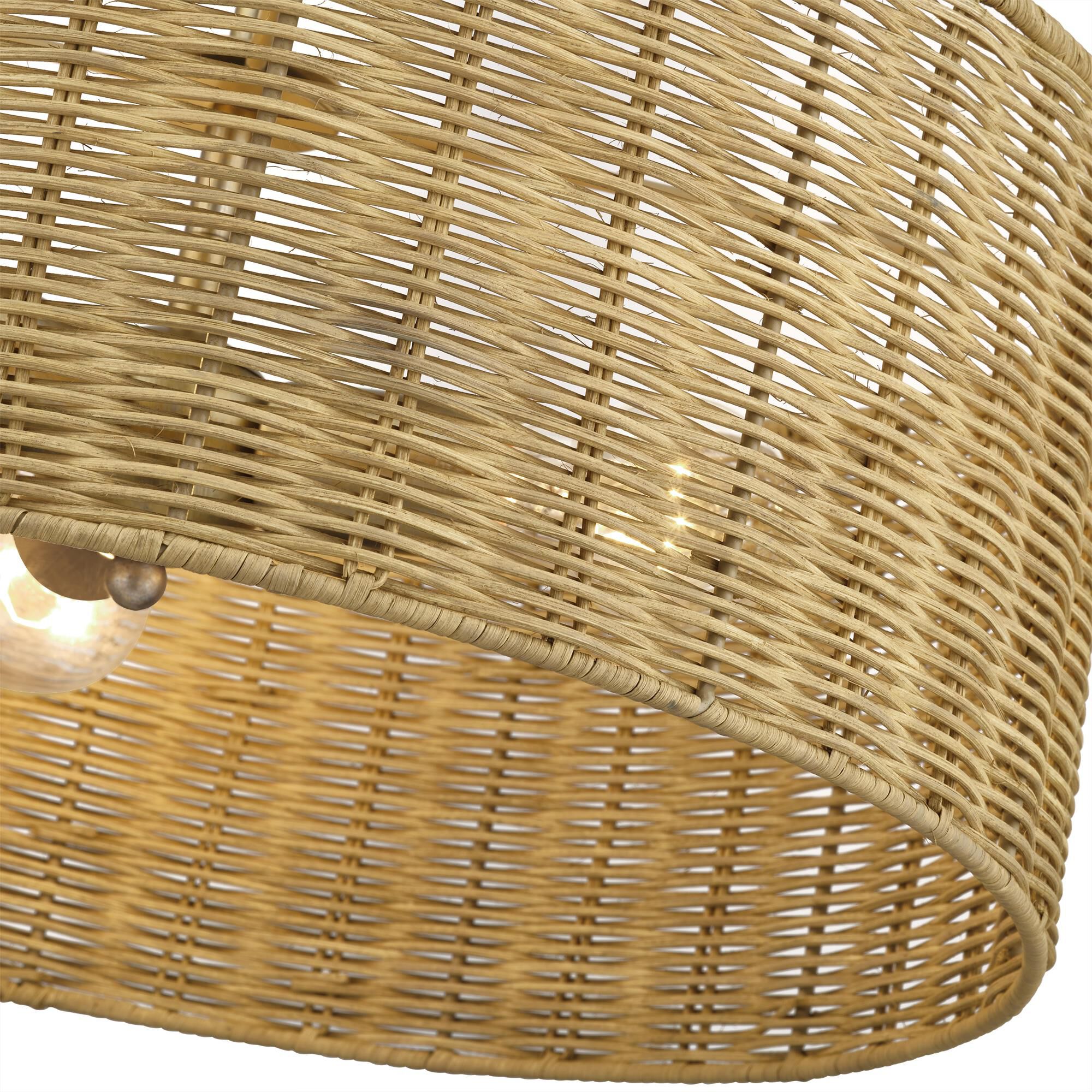 Shown in Antique Gold Leaf finish and Hand-Woven Rustic Walnut Color Rattan shade