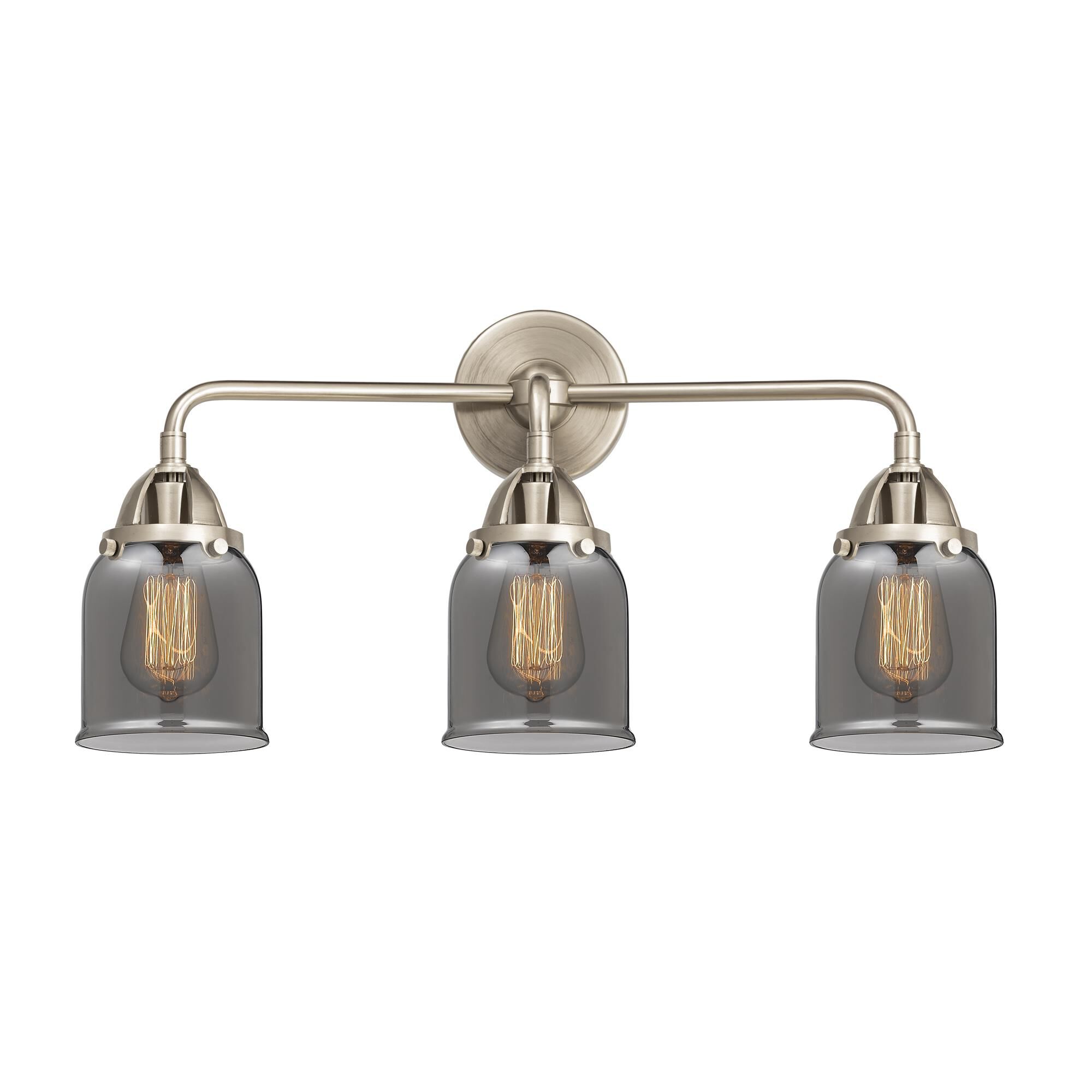 Shown in Brushed Satin Nickel finish and Plated Smoke Small Bell glass and No Shade shade