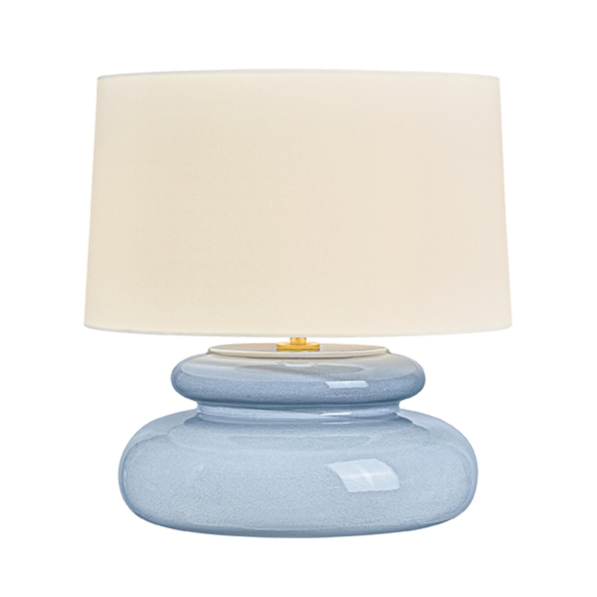 Shown in Aged Brass and Ceramic Chateau Crackle finish and White Linen shade