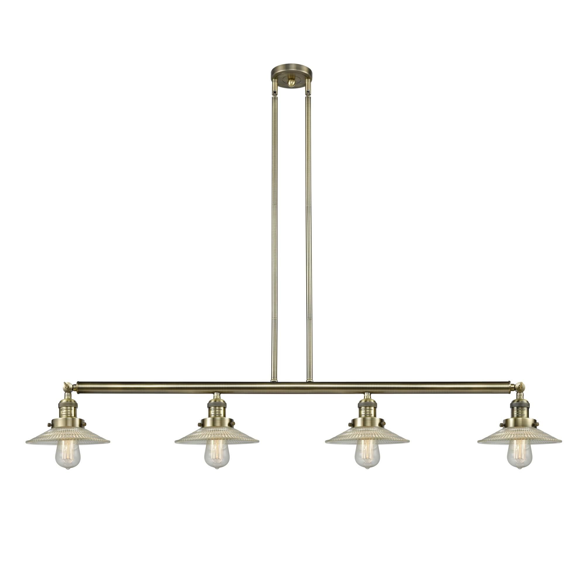 Shown in Antique Brass finish and Clear Halophane glass