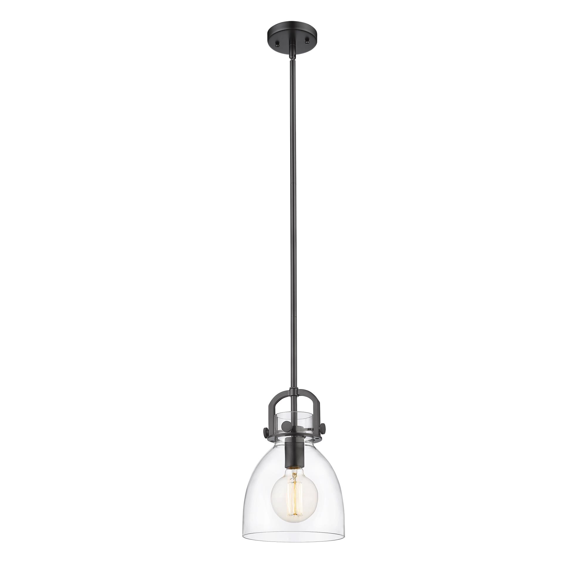 Shown in Matte Black finish and Clear Newton Bell glass