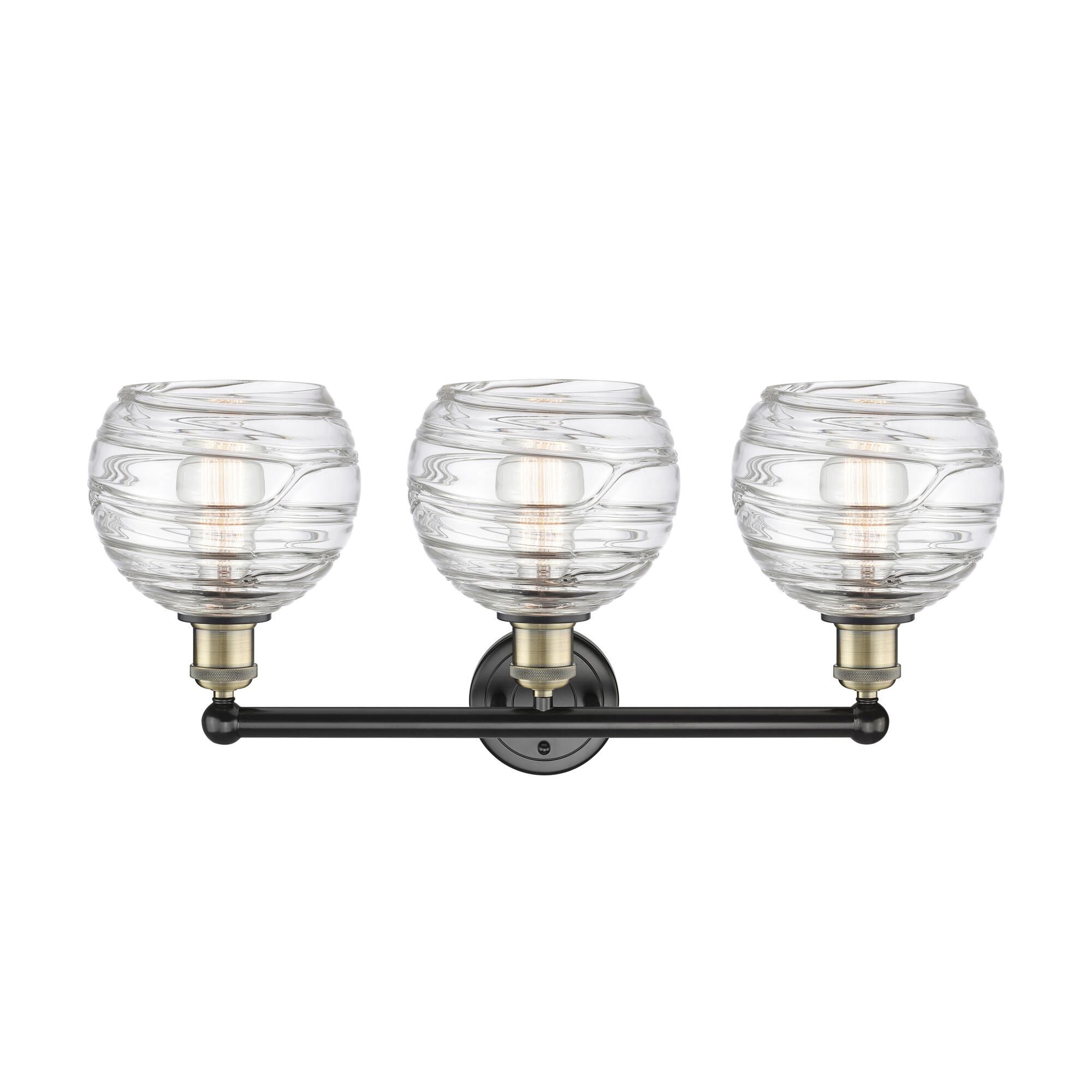 Shown in Black Antique Brass finish and Clear Deco Swirl glass