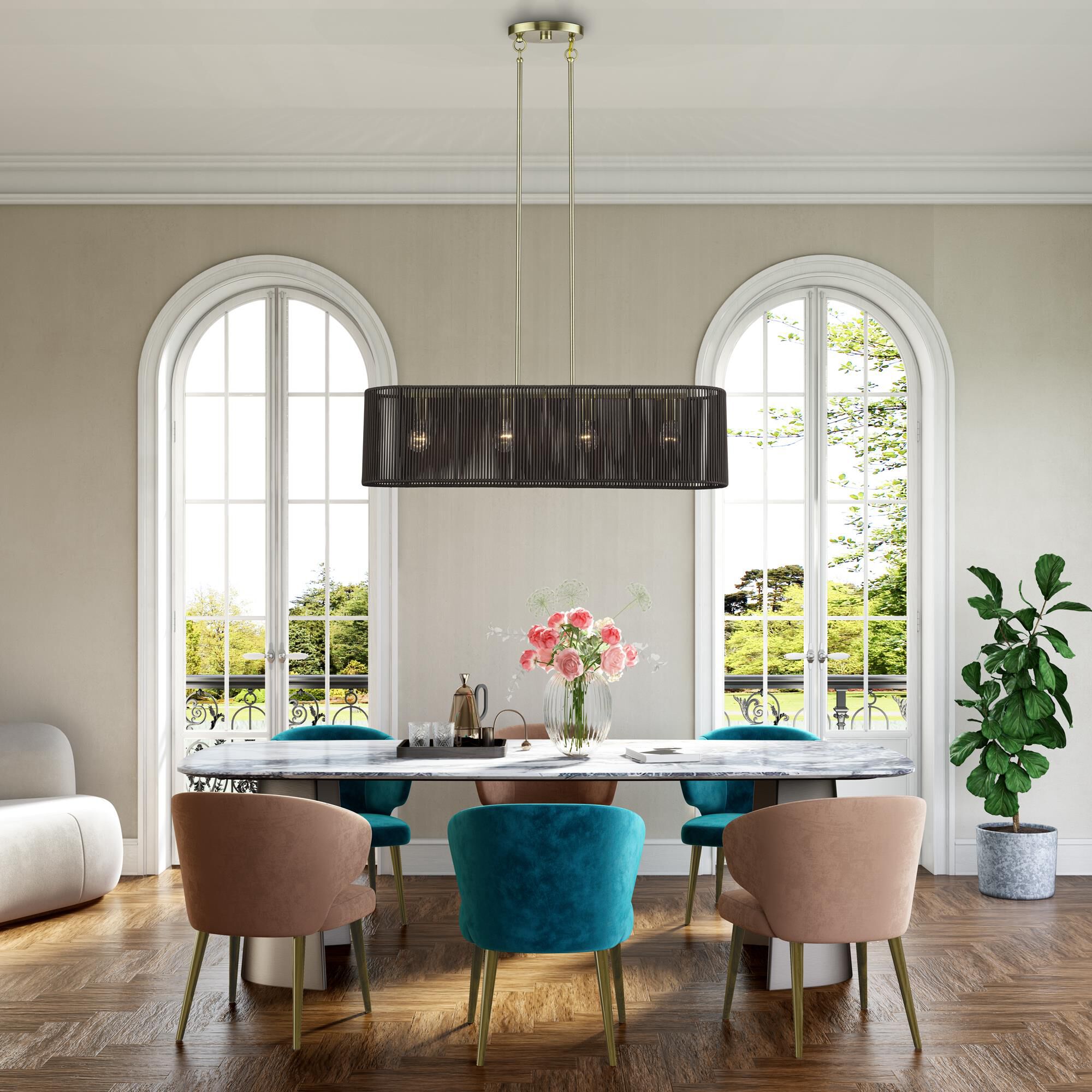 Shown in Antique Brass finish and Hand-Woven Dark Chocolate Color Polyester Rope shade