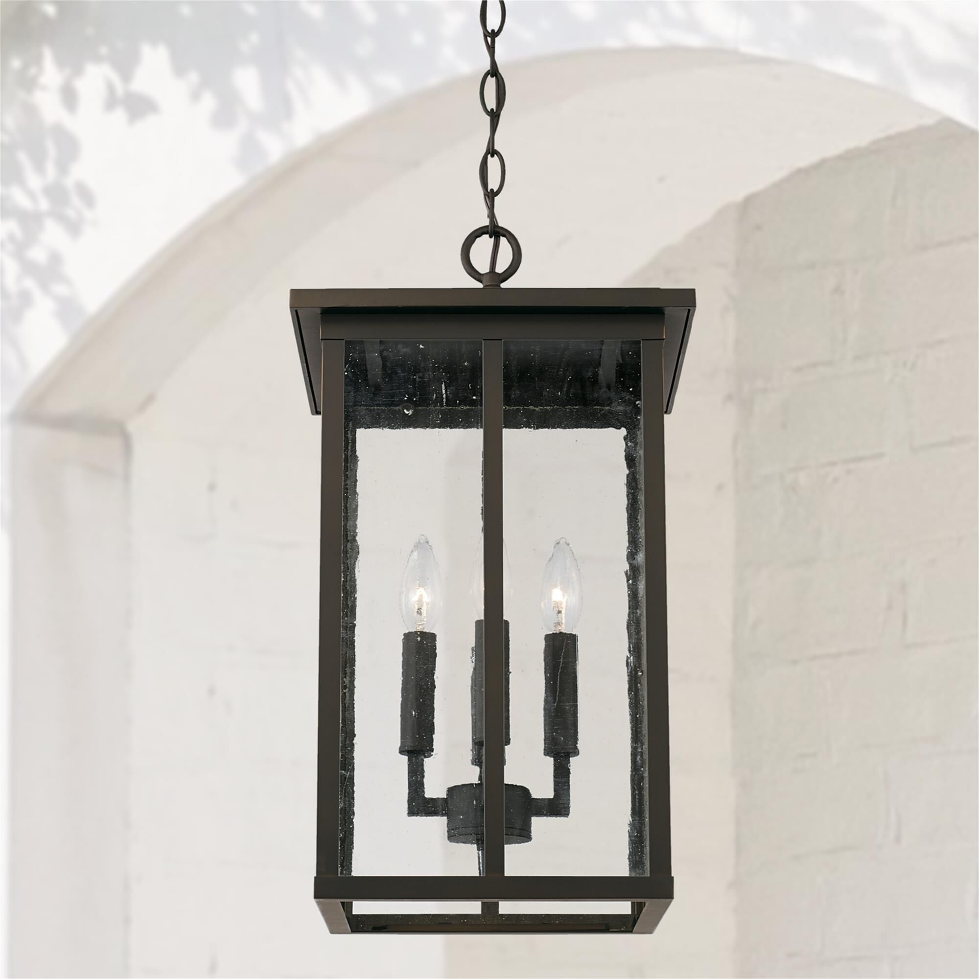 Shown in Oiled Bronze finish and Antiqued glass
