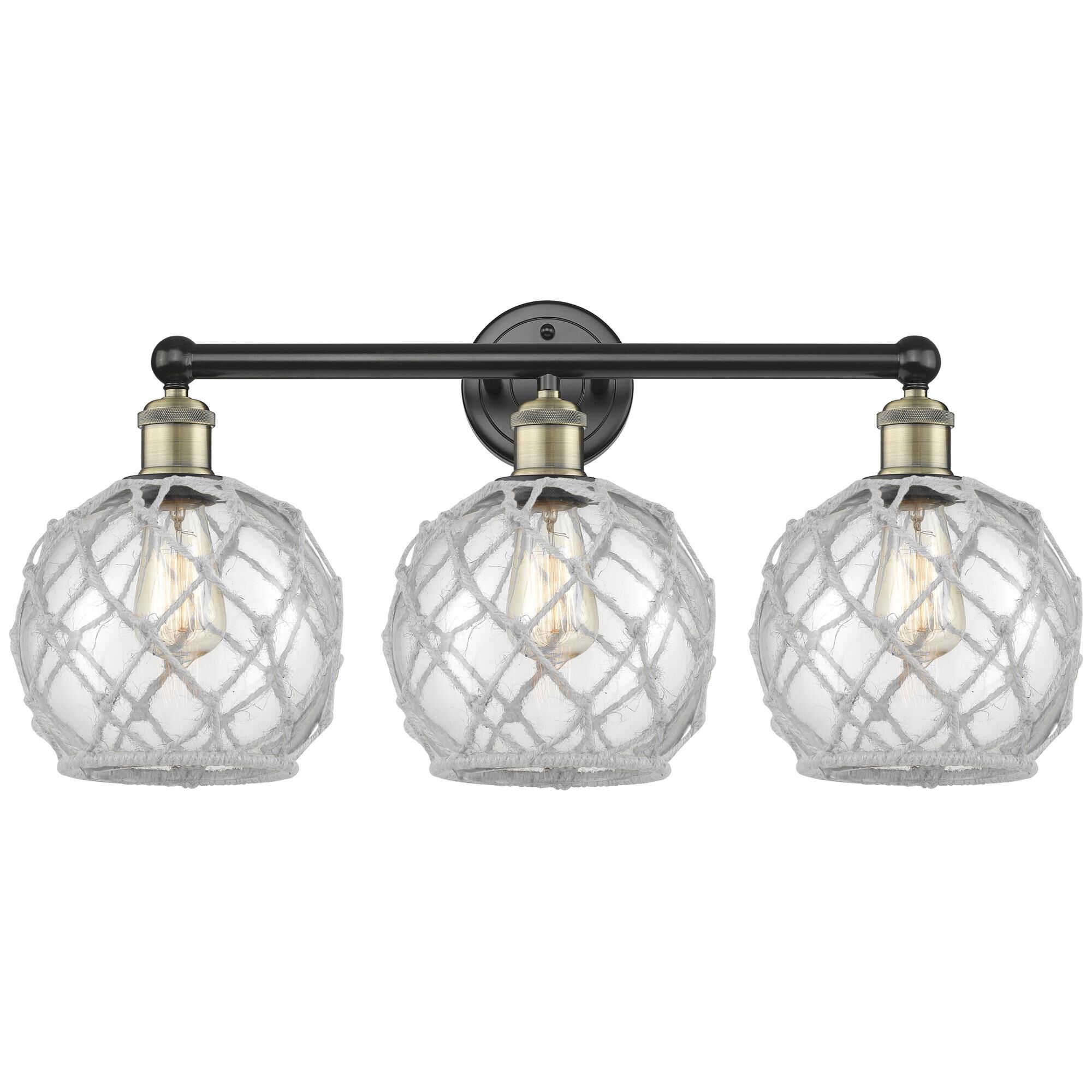 Shown in Black Antique Brass finish and Clear with White Rope glass