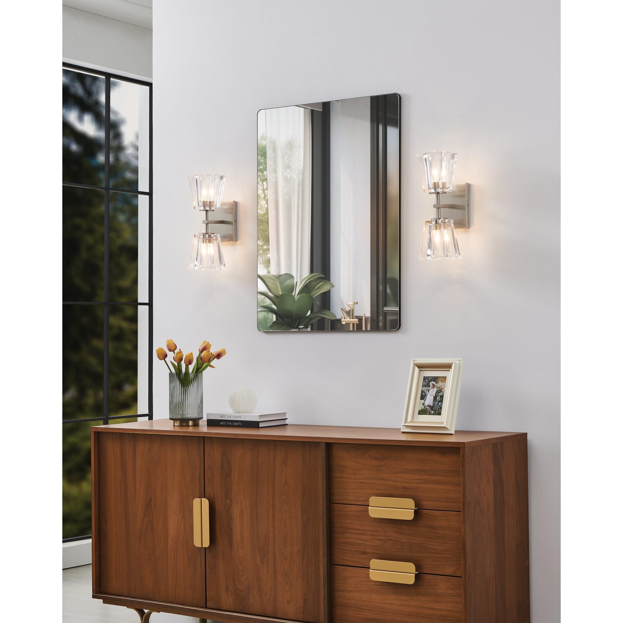 Shown in Brushed Nickel finish and Clear Pressed glass