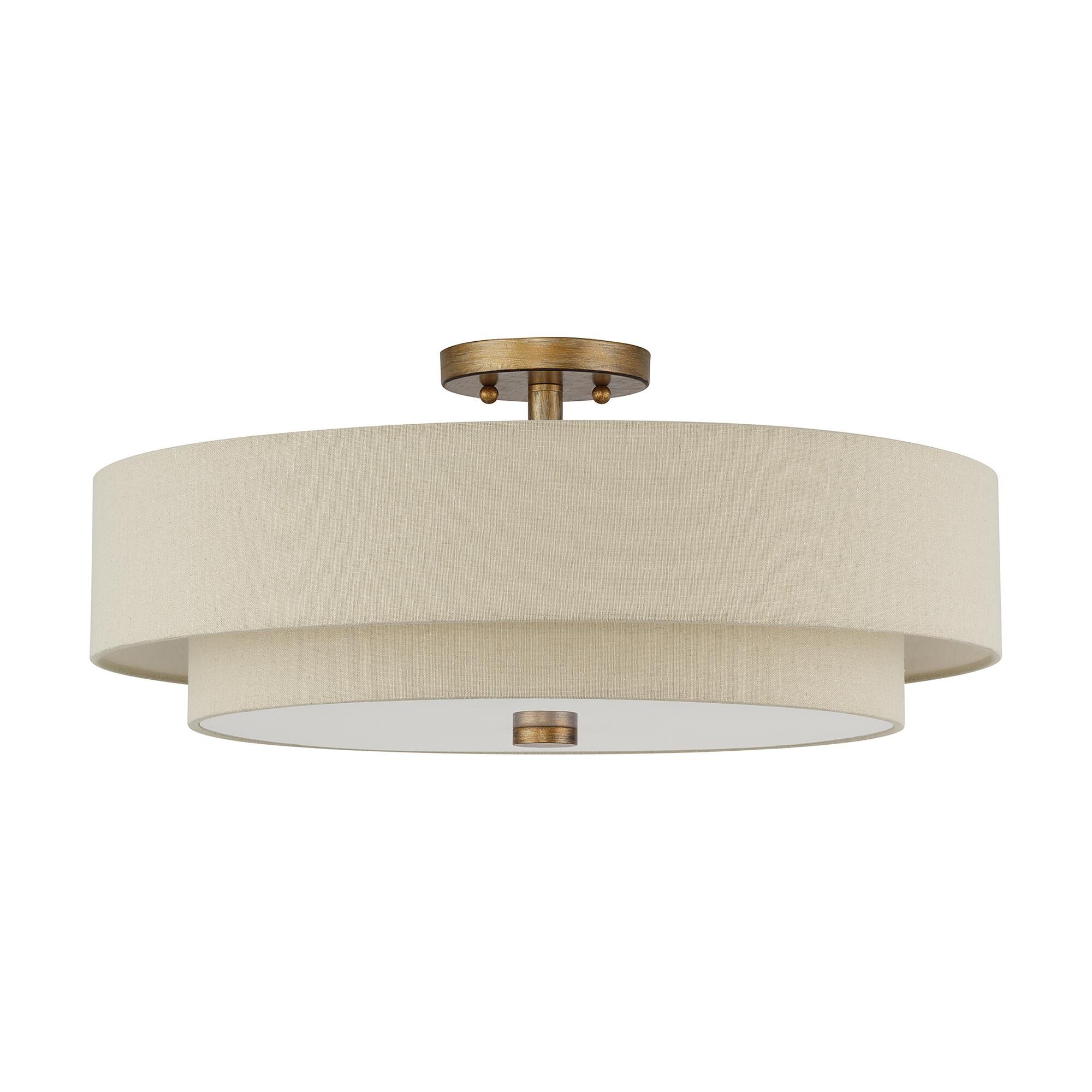 Shown in Antique Gold Leaf finish and Hand Crafted Parchment Color Hardback Fabric with White Color Inside shade