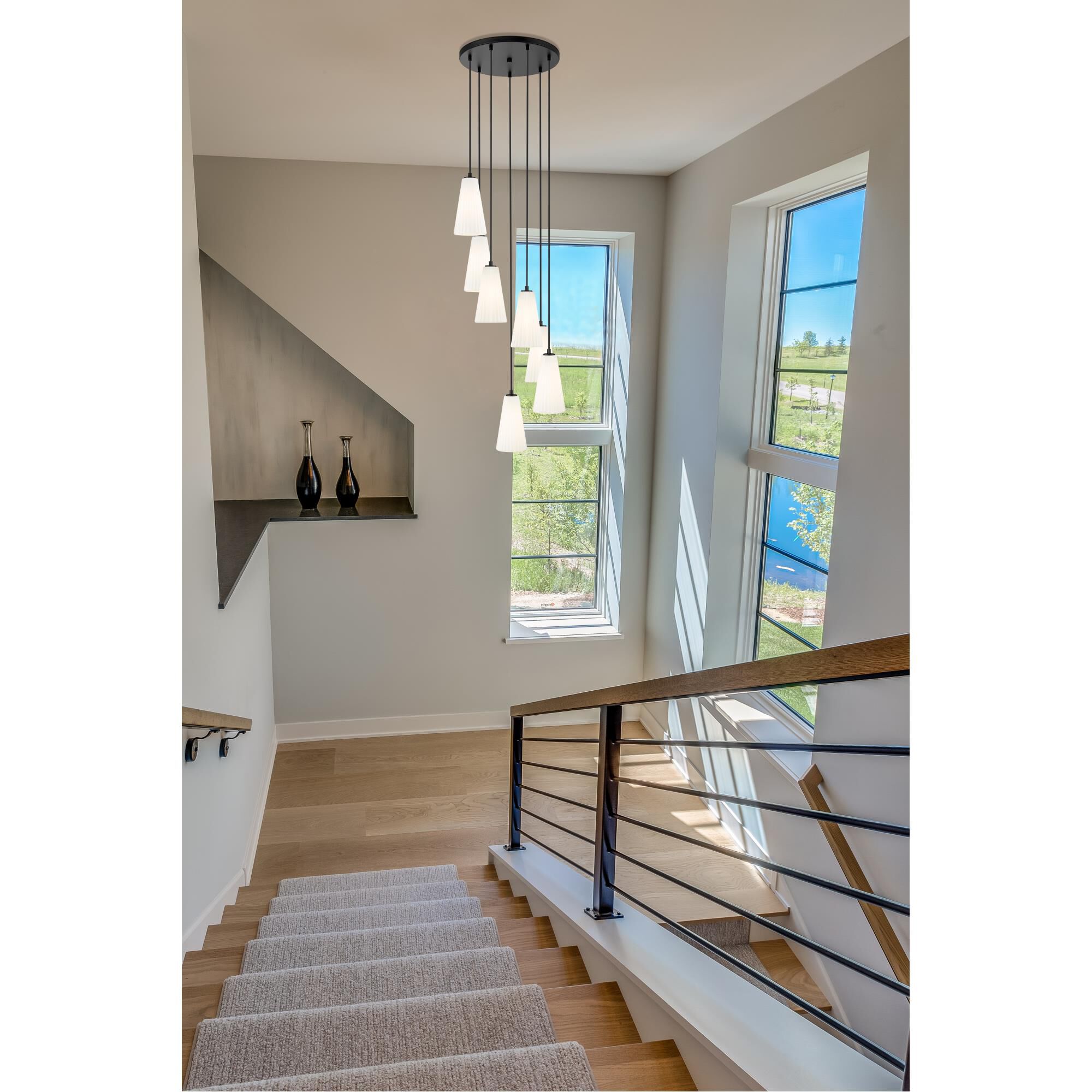 Shown in Matte Black finish and White glass and White shade