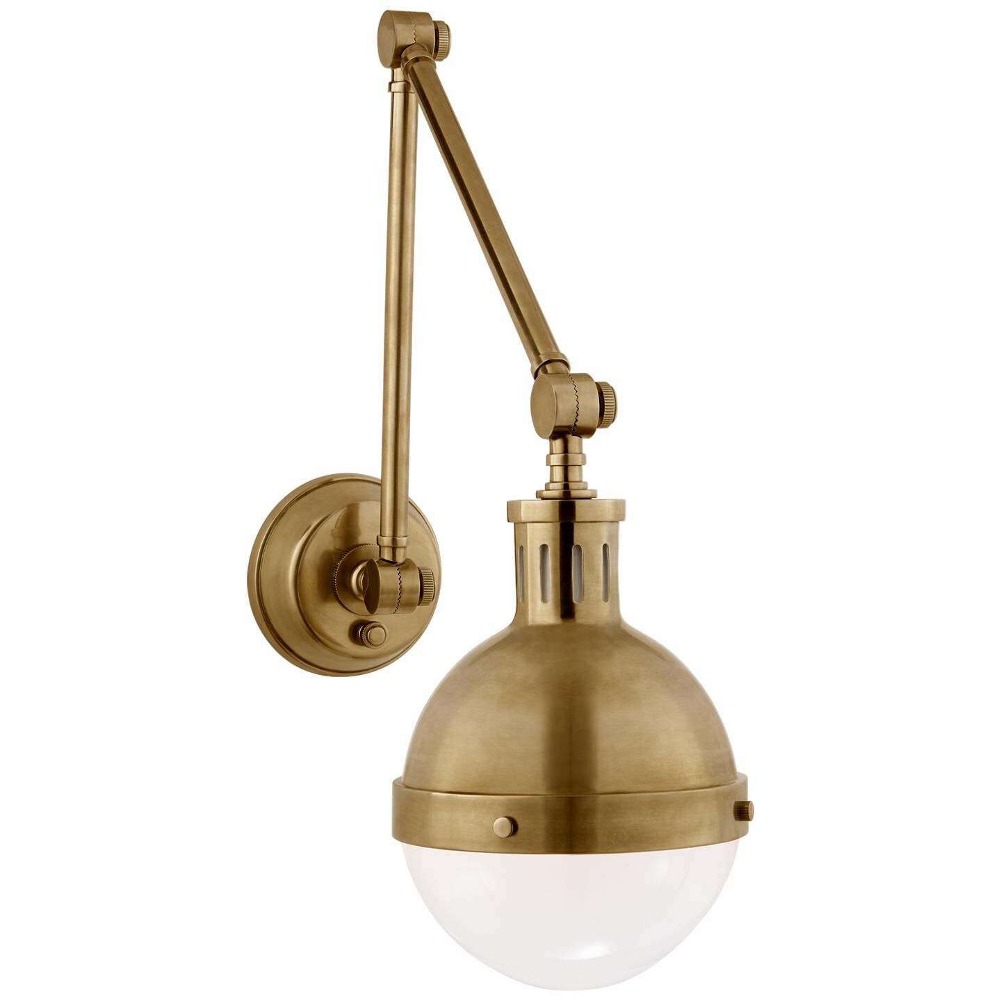 Shown in Hand-Rubbed Antique Brass finish and White glass