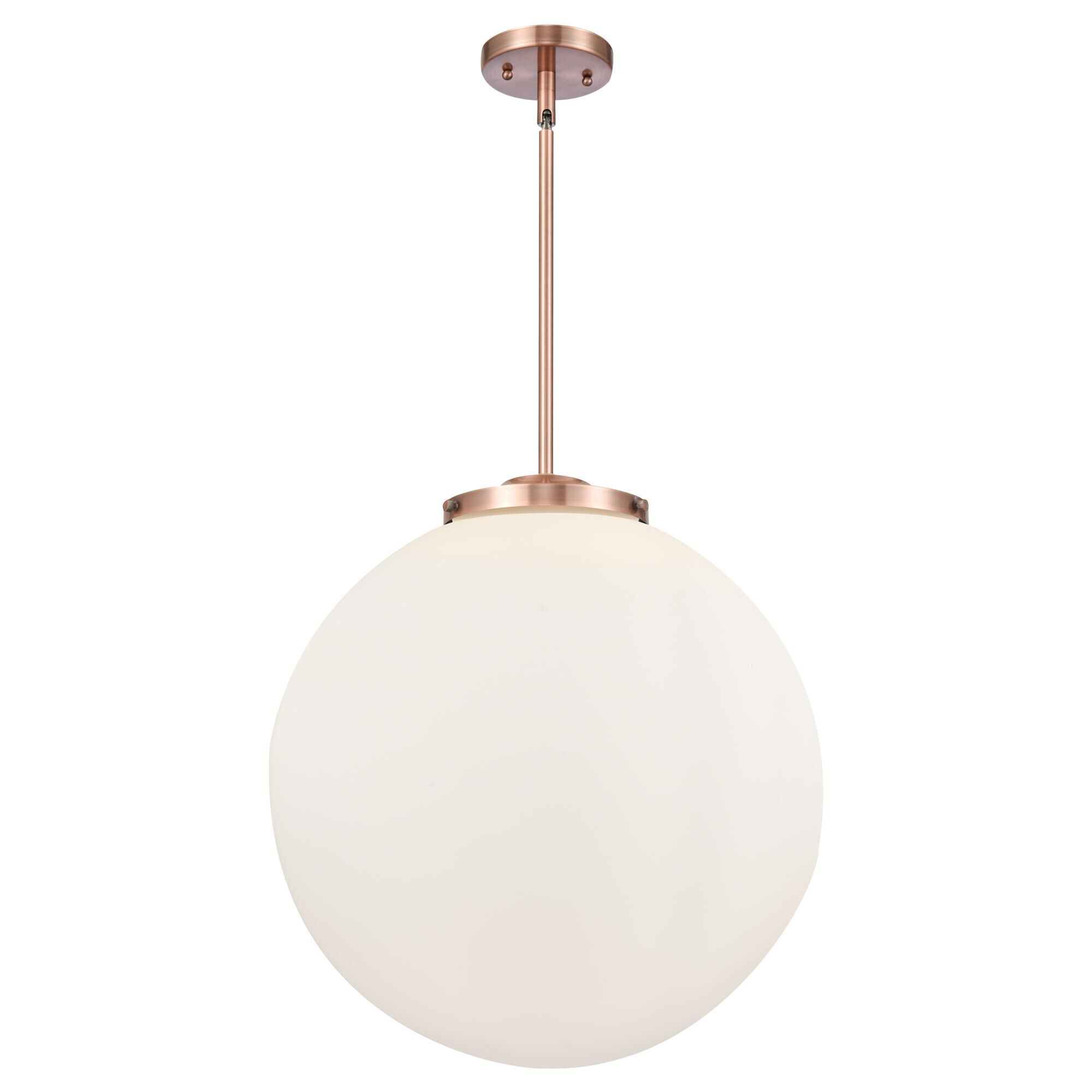 Shown in Antique Copper finish and Matte White Cased Beacon glass