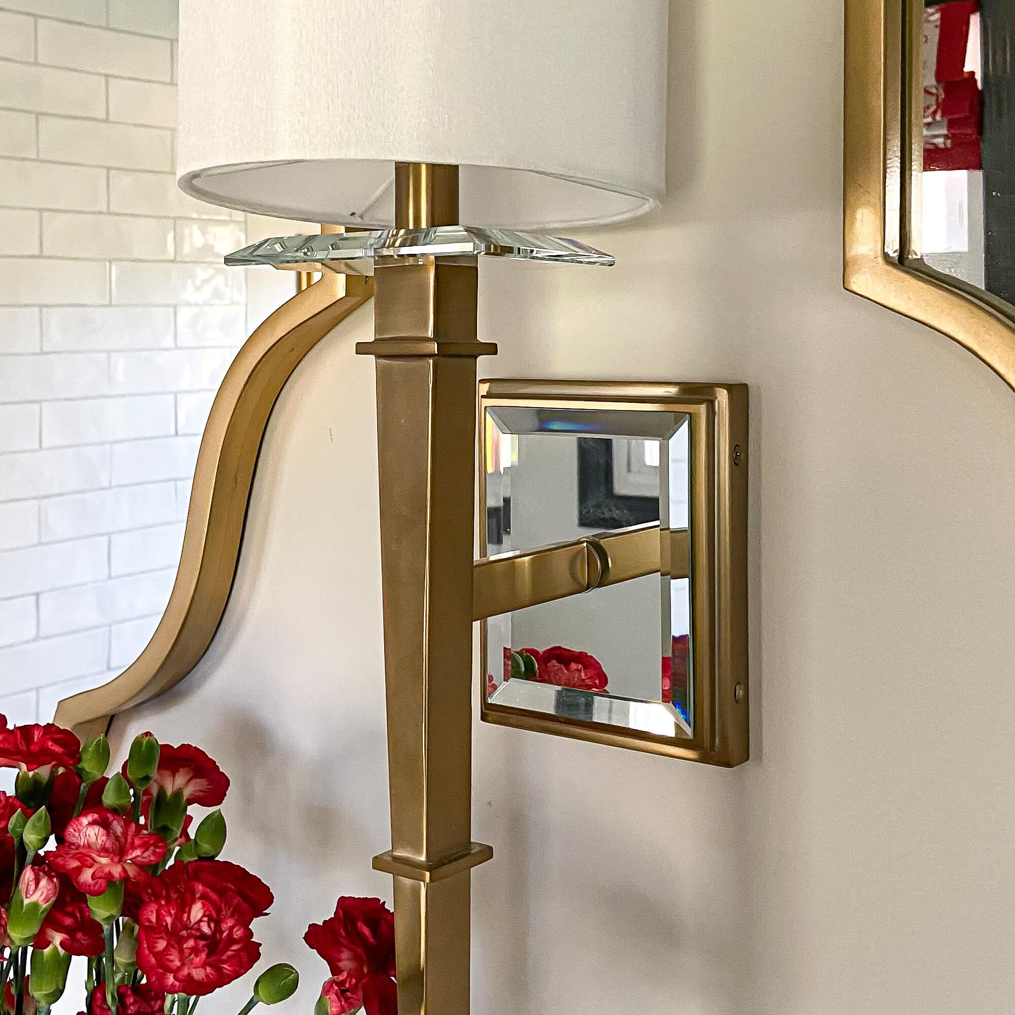 Shown in Aged Brass finish and Optical Glass Elements crystal and Silk glass and White shade