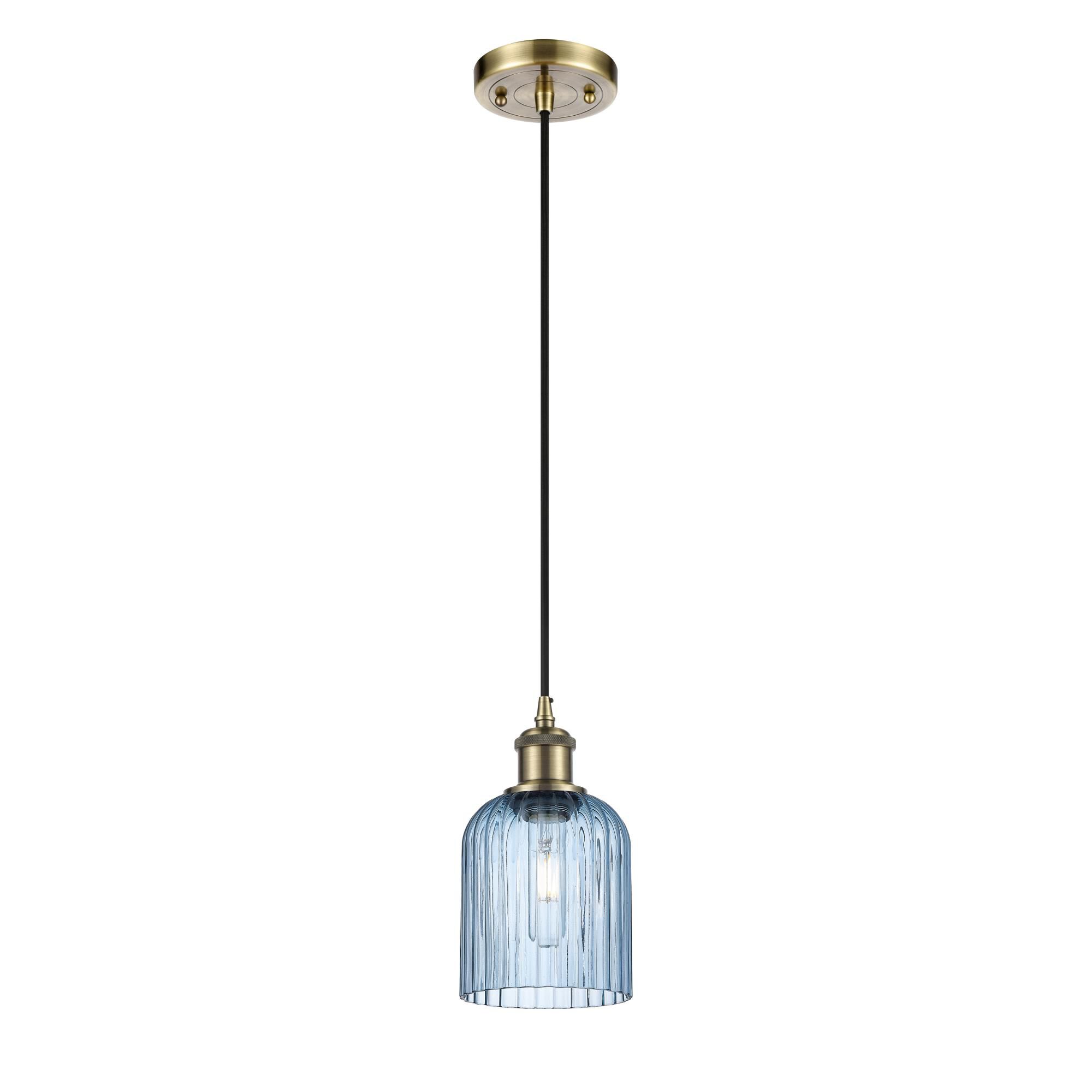 Shown in Antique Brass finish and Princess Blue shade