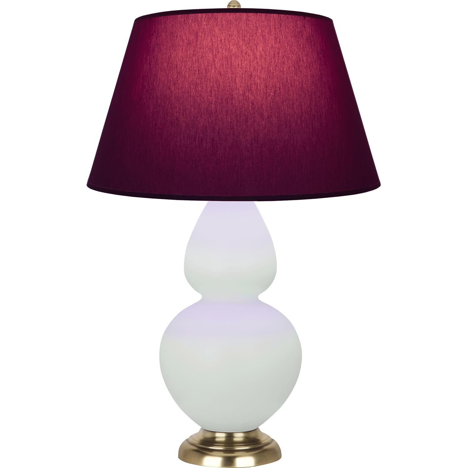 Shown in Matte Celadon finish and Plum and Lavender shade and Antique Brass accent