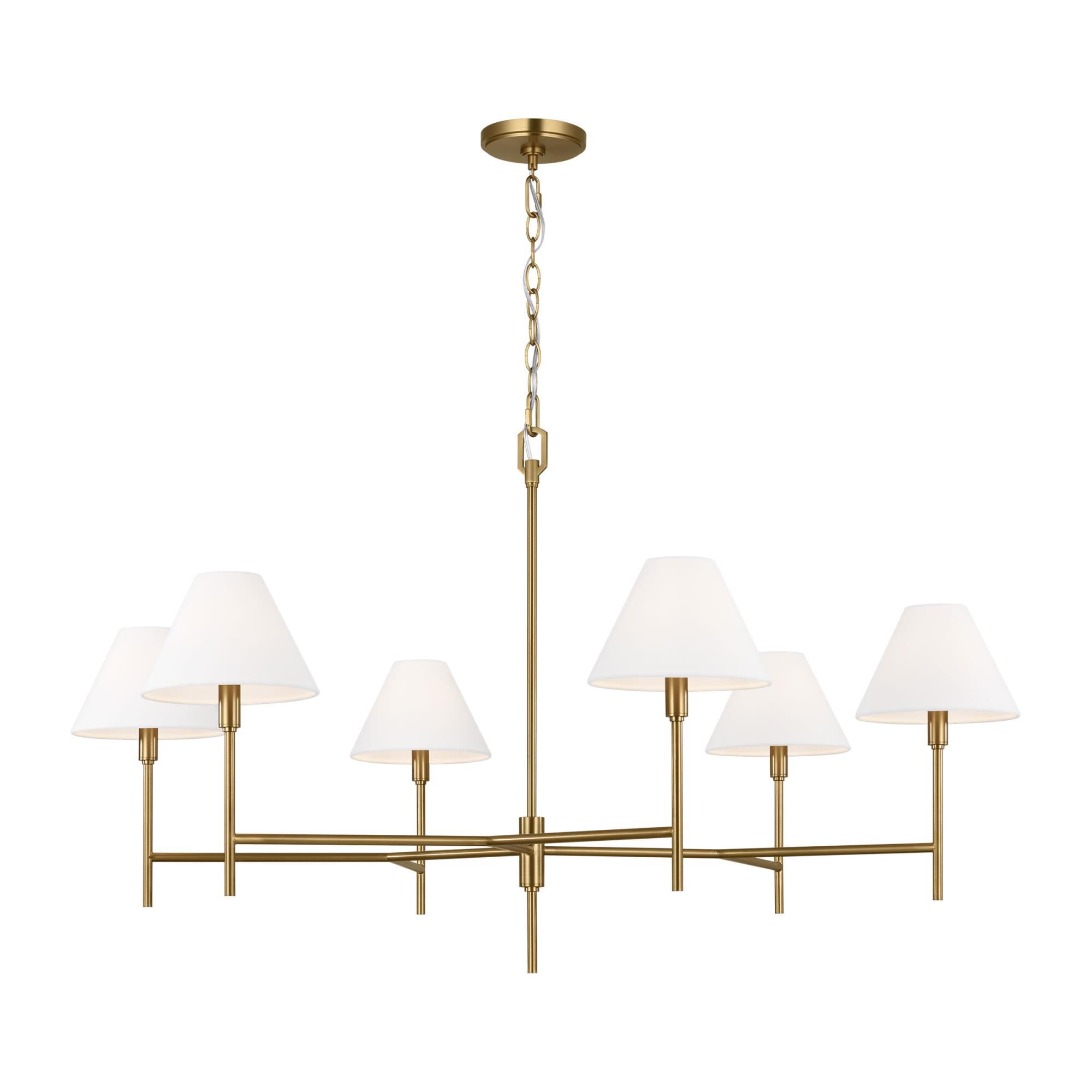 Shown in Burnished Brass finish and White Linen shade