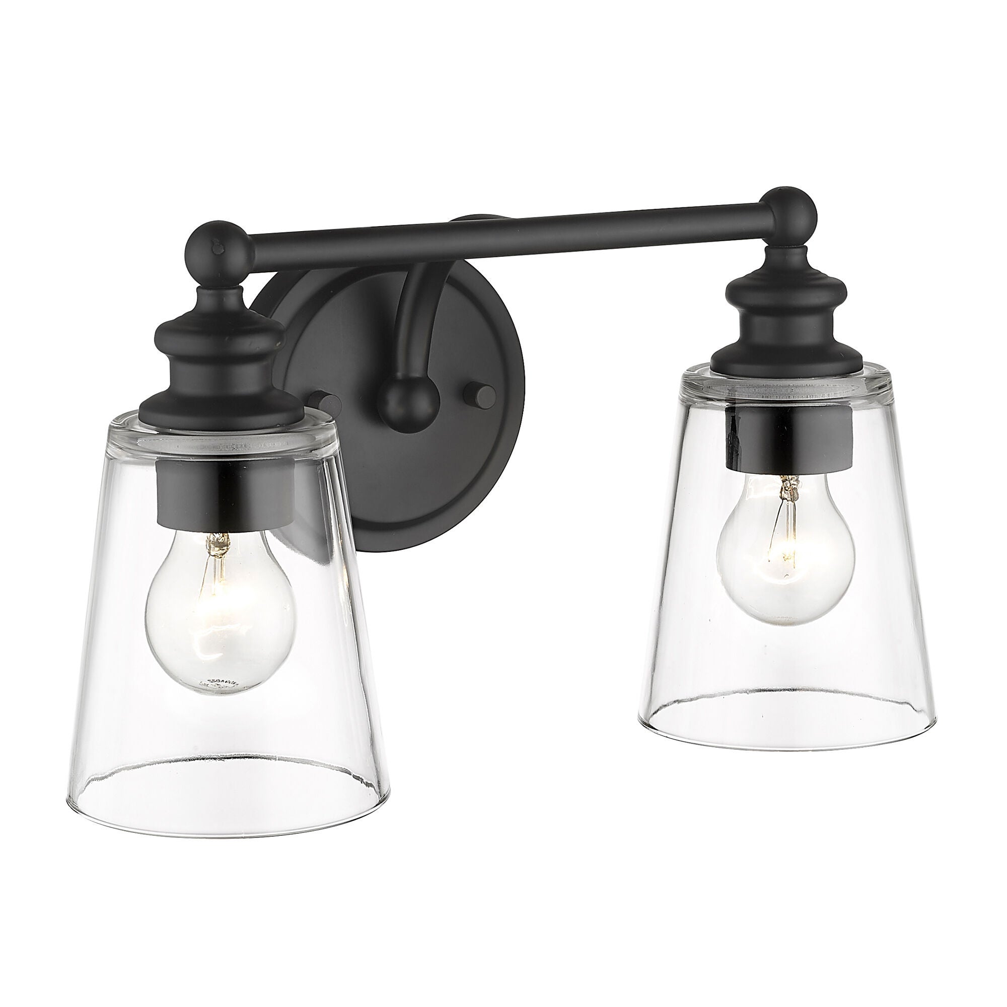Shown in Matte Black finish and Clear glass and Clear, Cone Shaped Glass shade