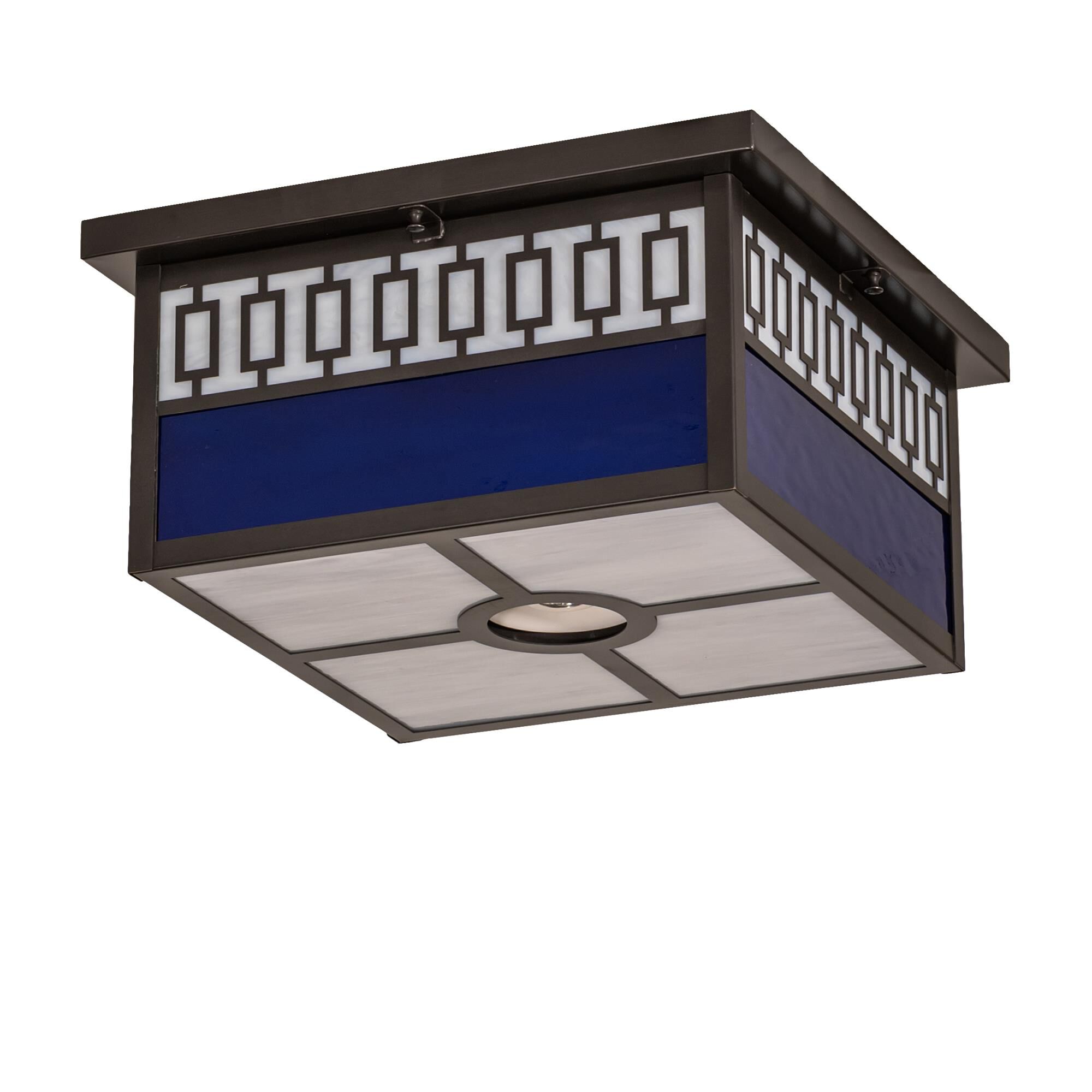 Shown in Craftsman Brown Finish finish and Blue;White glass