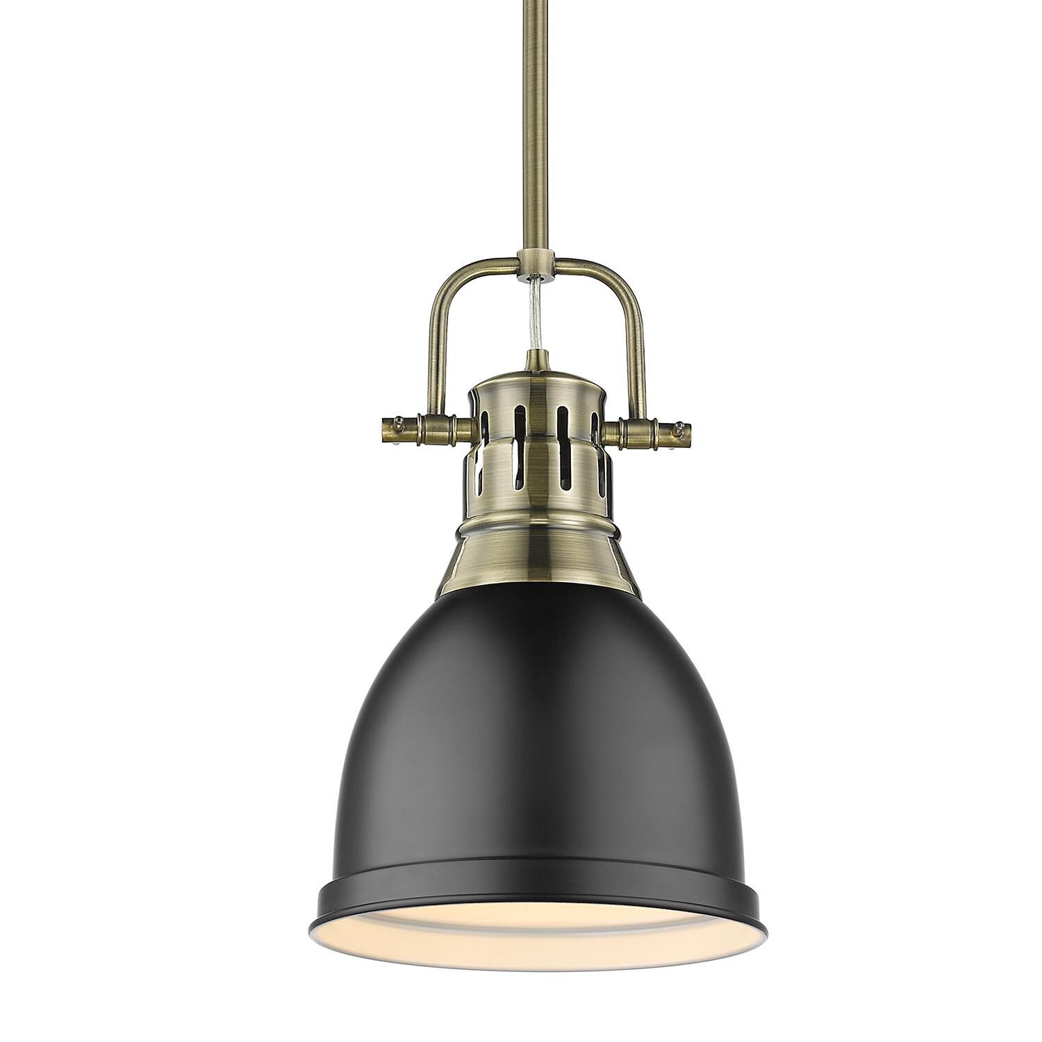 Shown in Aged Brass finish and Matte Black shade
