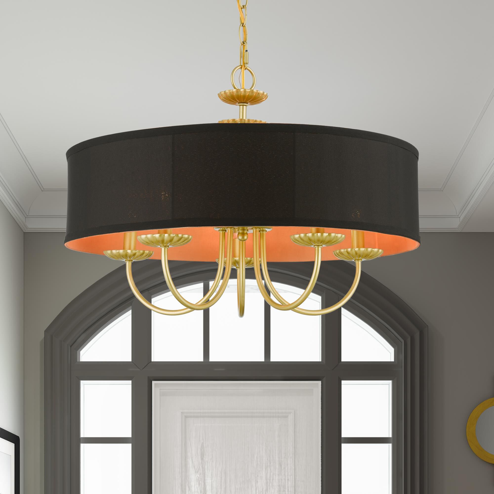 Shown in Soft Gold finish and Black Fabric Hardback with Orange Fabric Inside shade