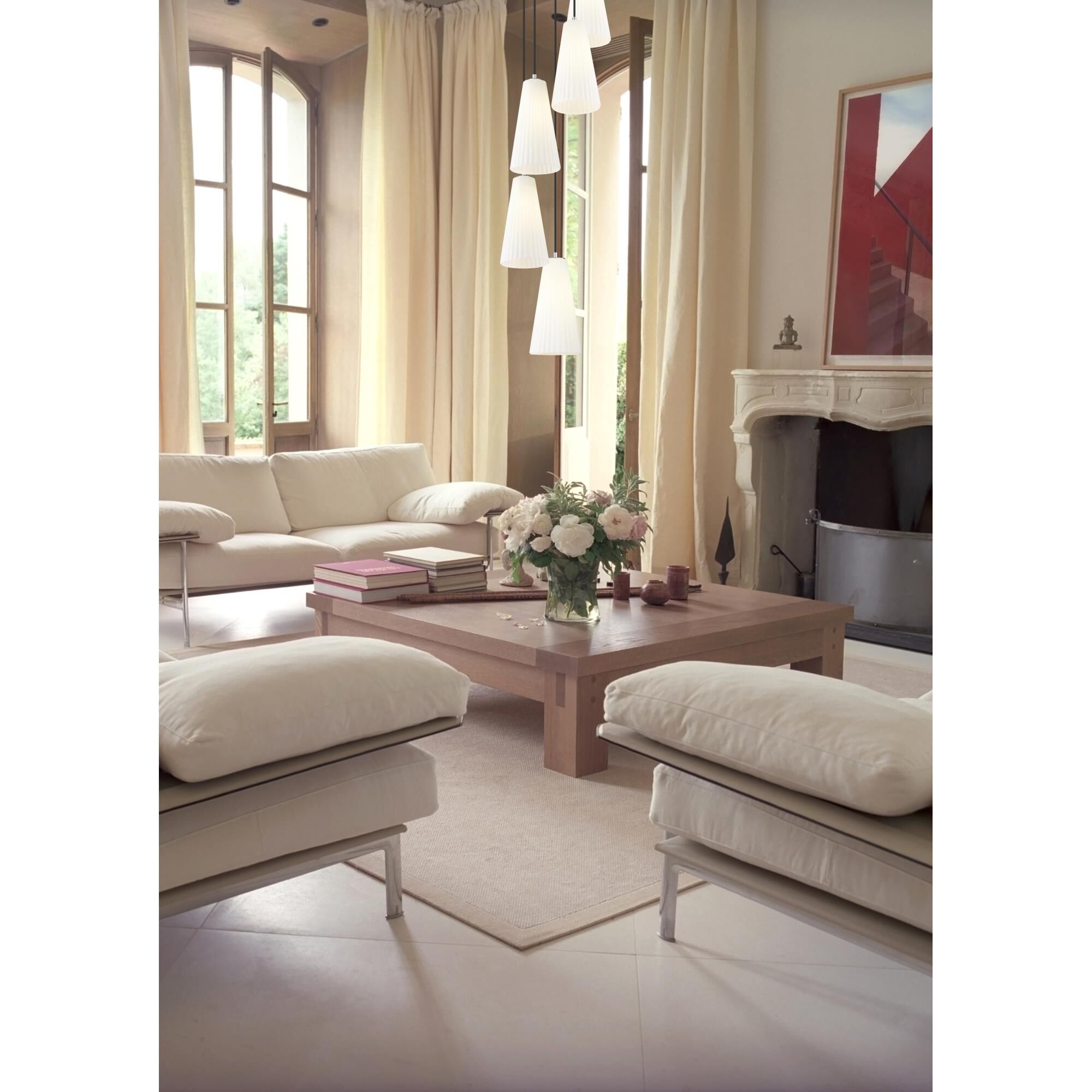 Shown in Brushed Nickel finish and White glass and White shade