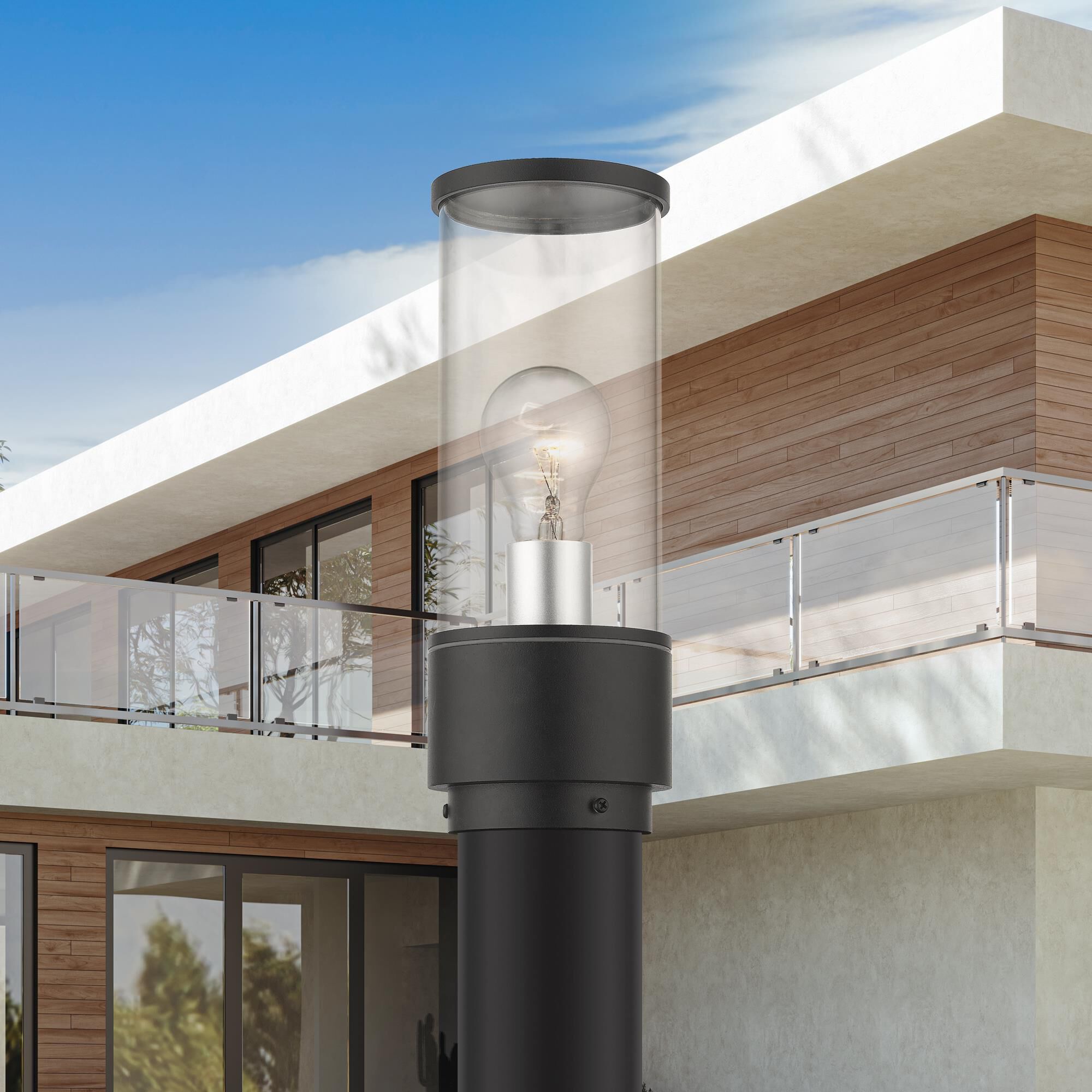 Shown in Textured Black With Antique Silver Accents finish and Clear glass