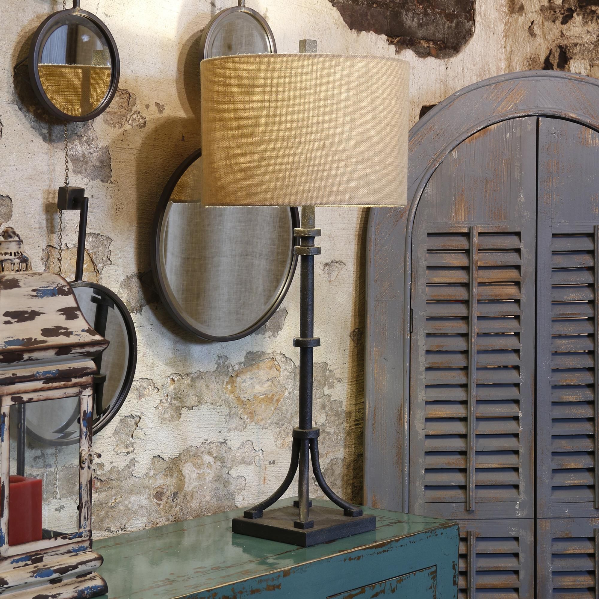 Shown in Industrial Bronze finish and Beige Hardback Fabric shade