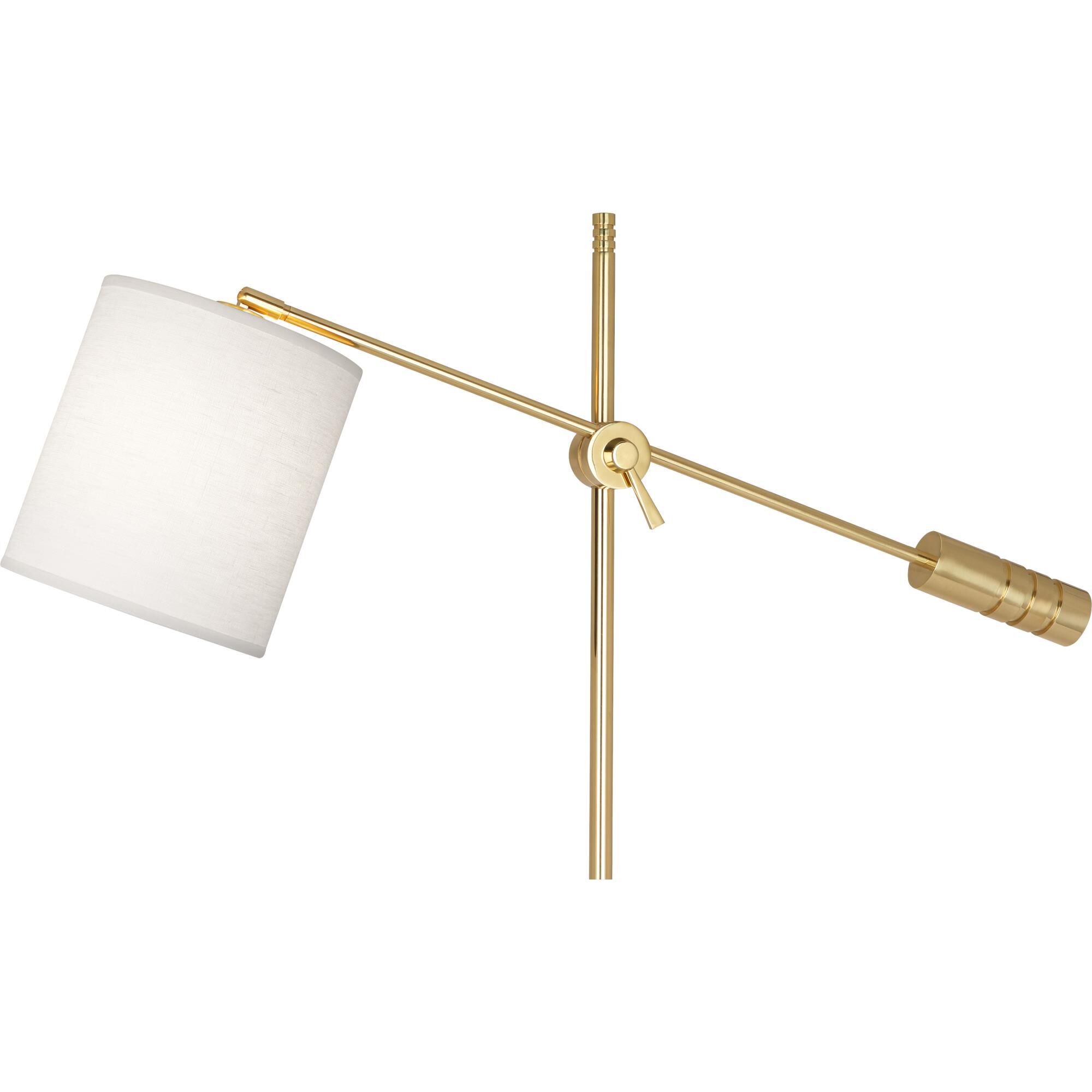 Shown in Modern Brass finish and White Oyster Linen shade