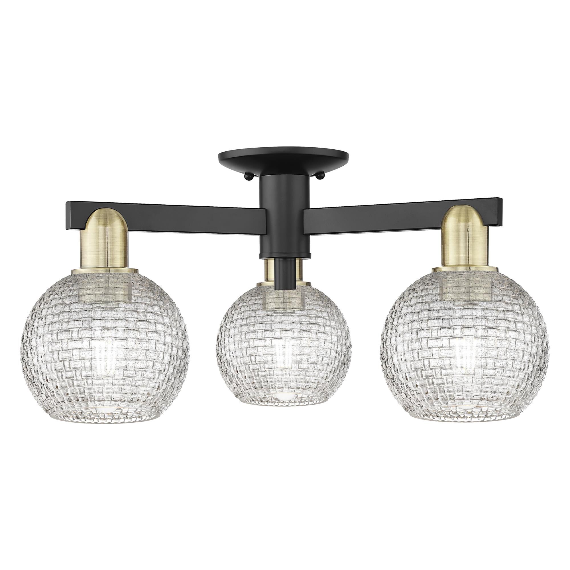 Shown in Black Antique Brass finish and Clear Basketweave glass