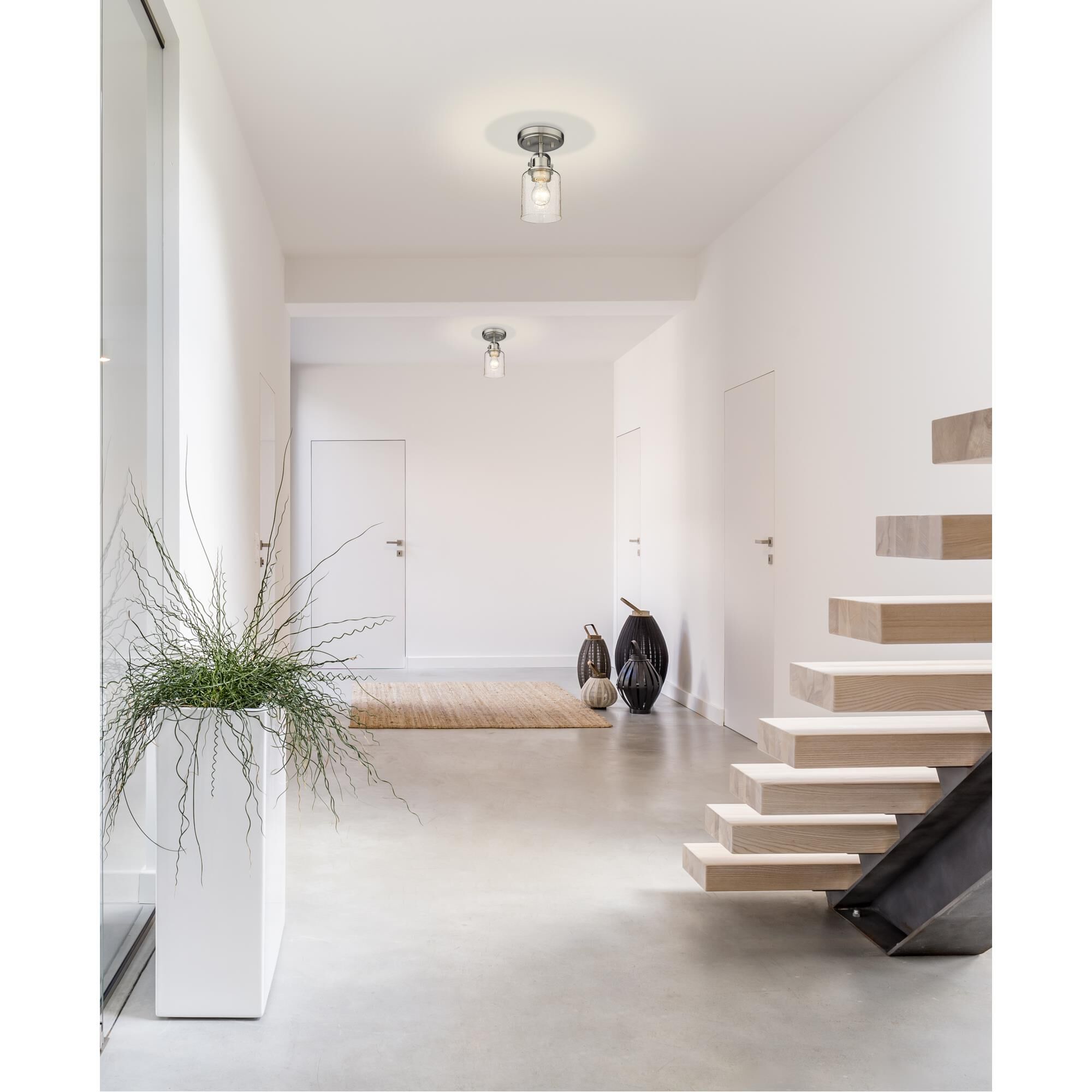 Shown in Brushed Nickel finish and Clear Seeded glass and No Shade shade