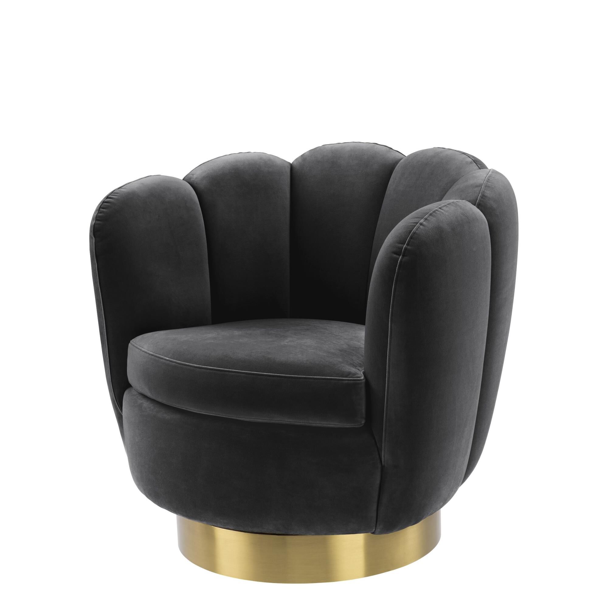 Shown in Savona Dark Grey Velvet | Brushed Brass Finish Swivel Base finish