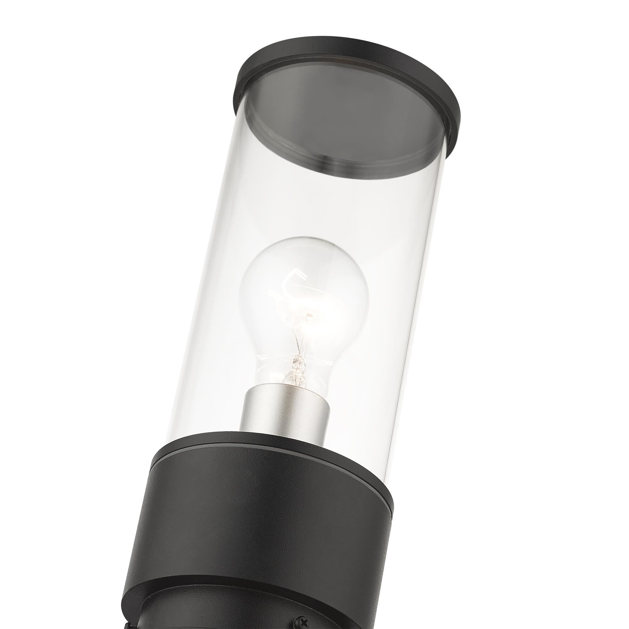 Shown in Textured Black With Antique Silver Accents finish and Clear glass