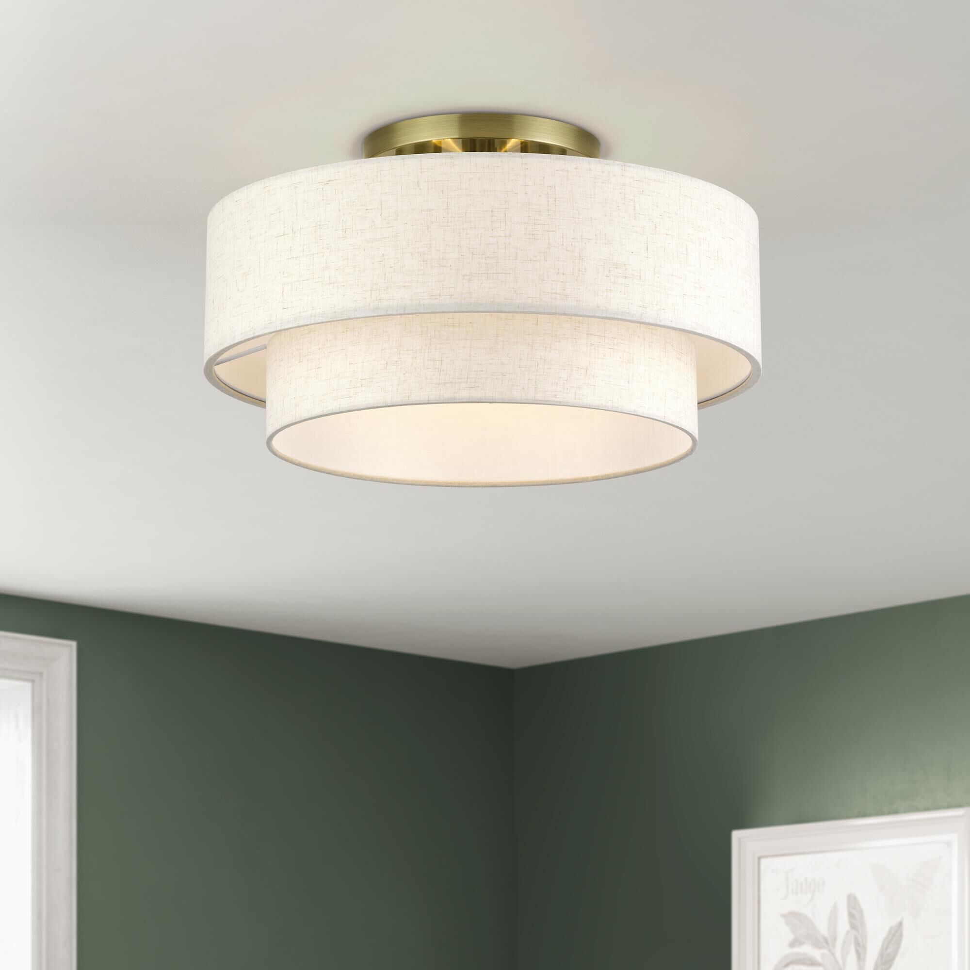 Shown in Antique Brass finish and Hand Crafted Oatmeal Color Fabric with White Color Inside shade