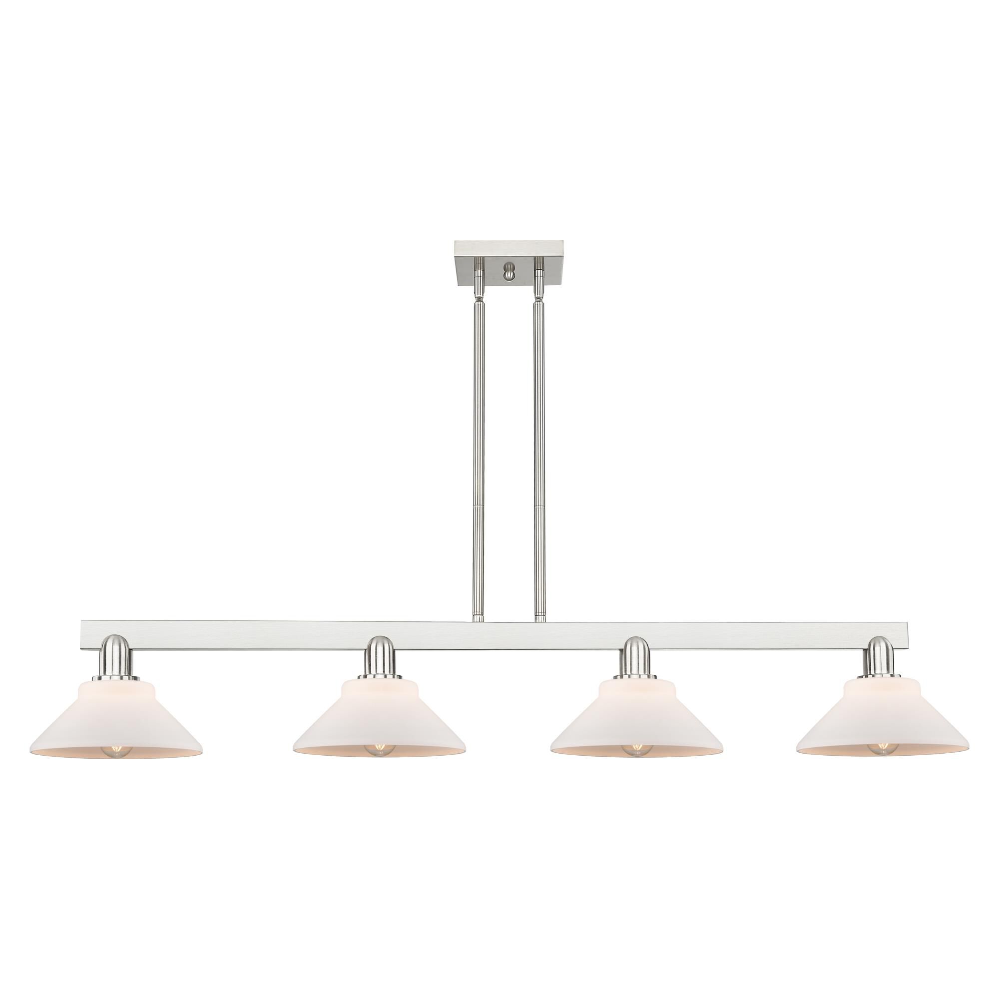 Shown in Brushed Satin Nickel finish and Matte White glass