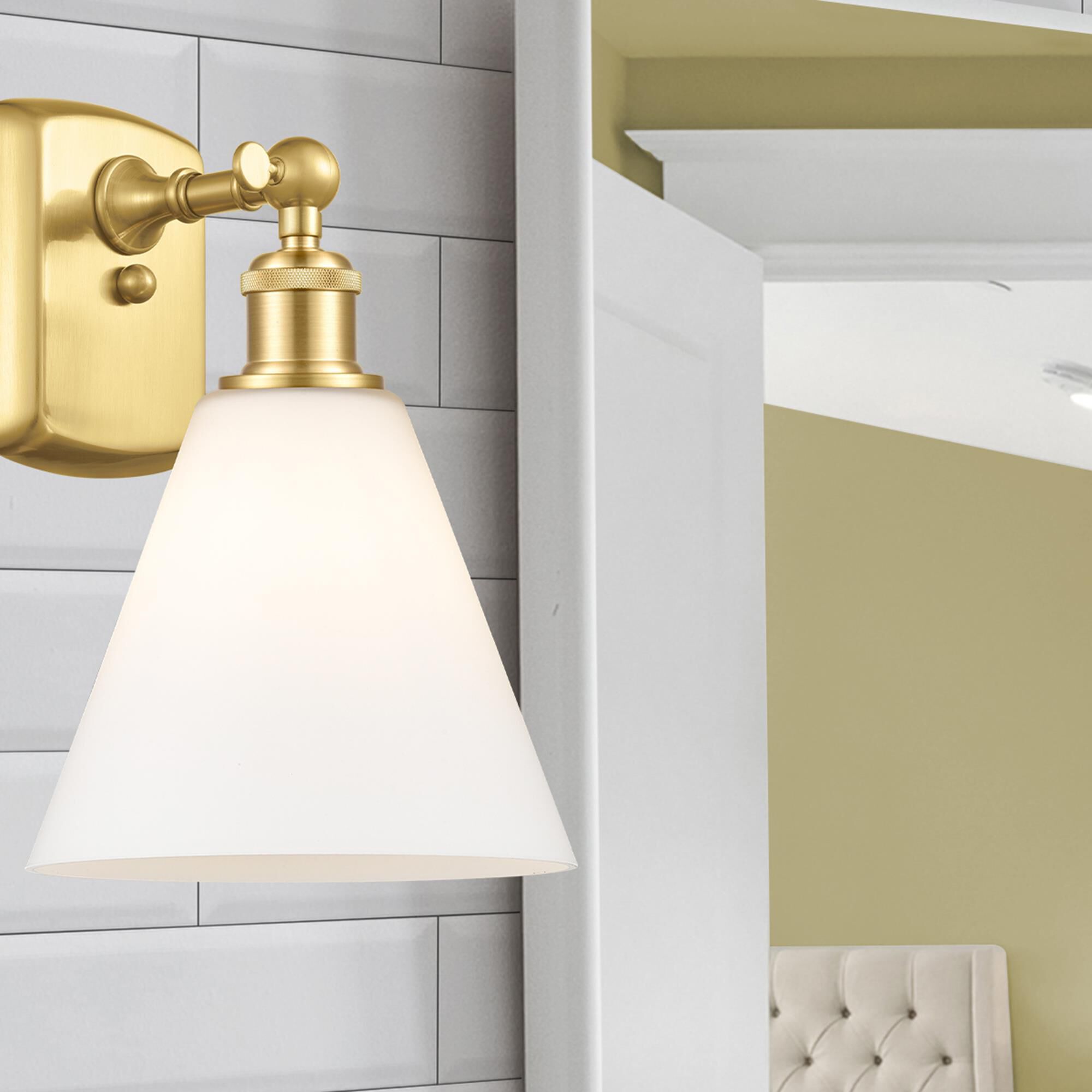 Shown in Satin Gold finish and Cased Matte White Ballston Cone glass and No Shade shade
