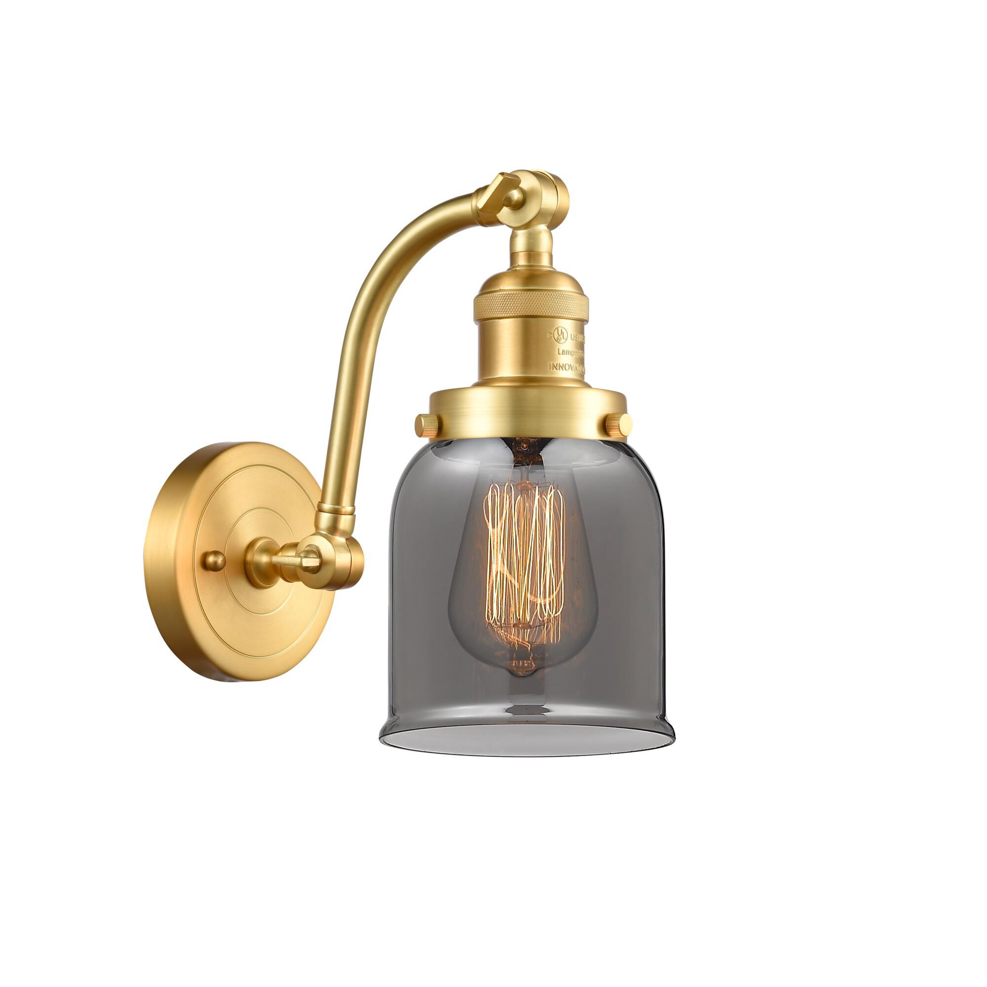 Shown in Satin Gold finish and Plated Smoke Small Bell glass