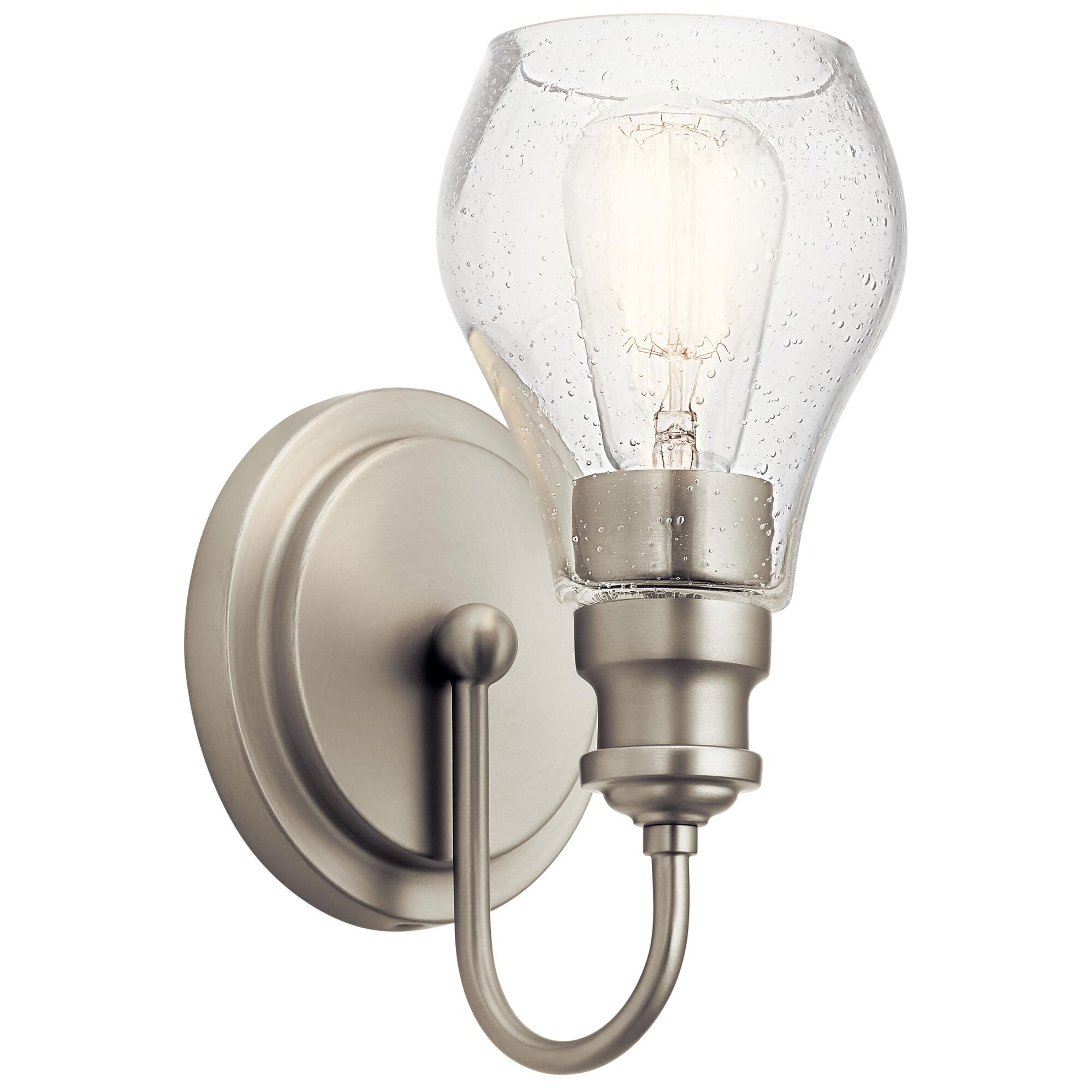 Shown in Brushed Nickel finish and Clear Seeded glass